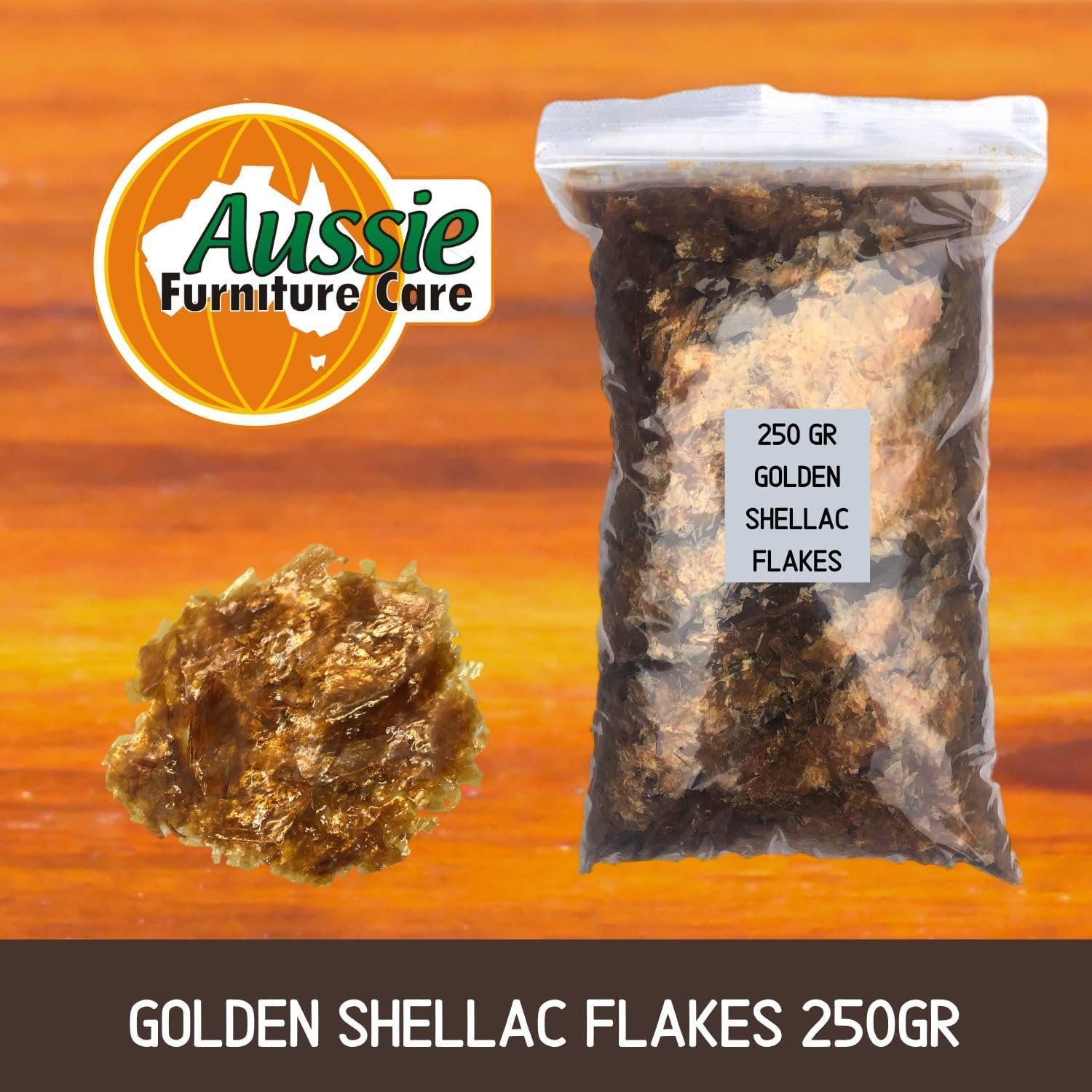 Aussie Furniture Care Shellac Flakes Golden Orange 250Gr Bag for French Polish Furniture Repair Restoration & Finishing Antiques and Wood Surfaces image number 3