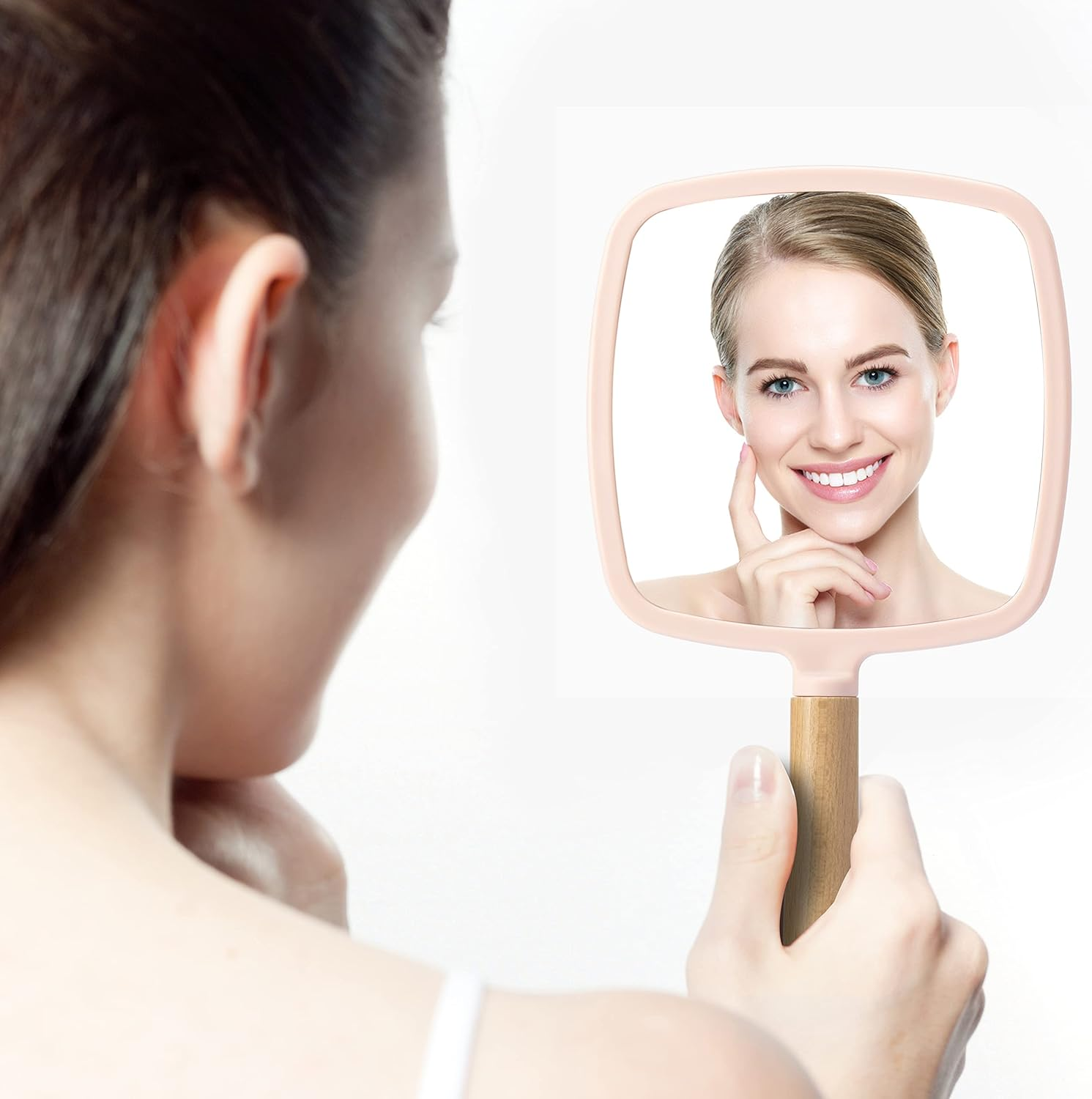 YEAKE Hand Held Mirror with Handle for Makeup,Small Cute Wood Hand Mirror for Shaving with Hole Hanging Single-Sided Portable Travel Vanity Mirror for Men&Women(Square,Pink,1Pack) image number 4