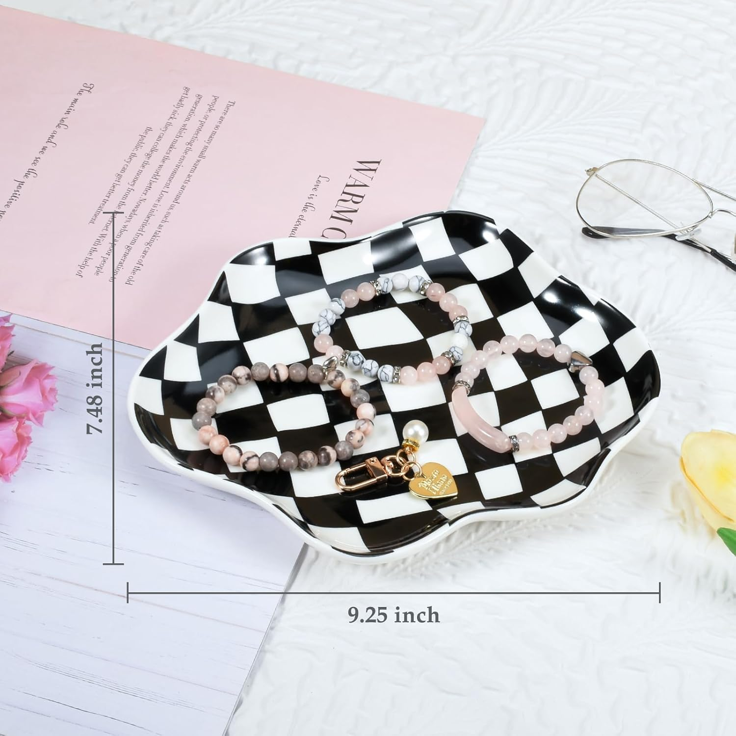 Koythin Jewelry Tray, Ceramic Jewelry Dish Trinket Tray Organizer, Checkered Pattern Aesthetic Decorative for Kitchen, Bathroom, Birthday Gift (Black and White Checkerboard)