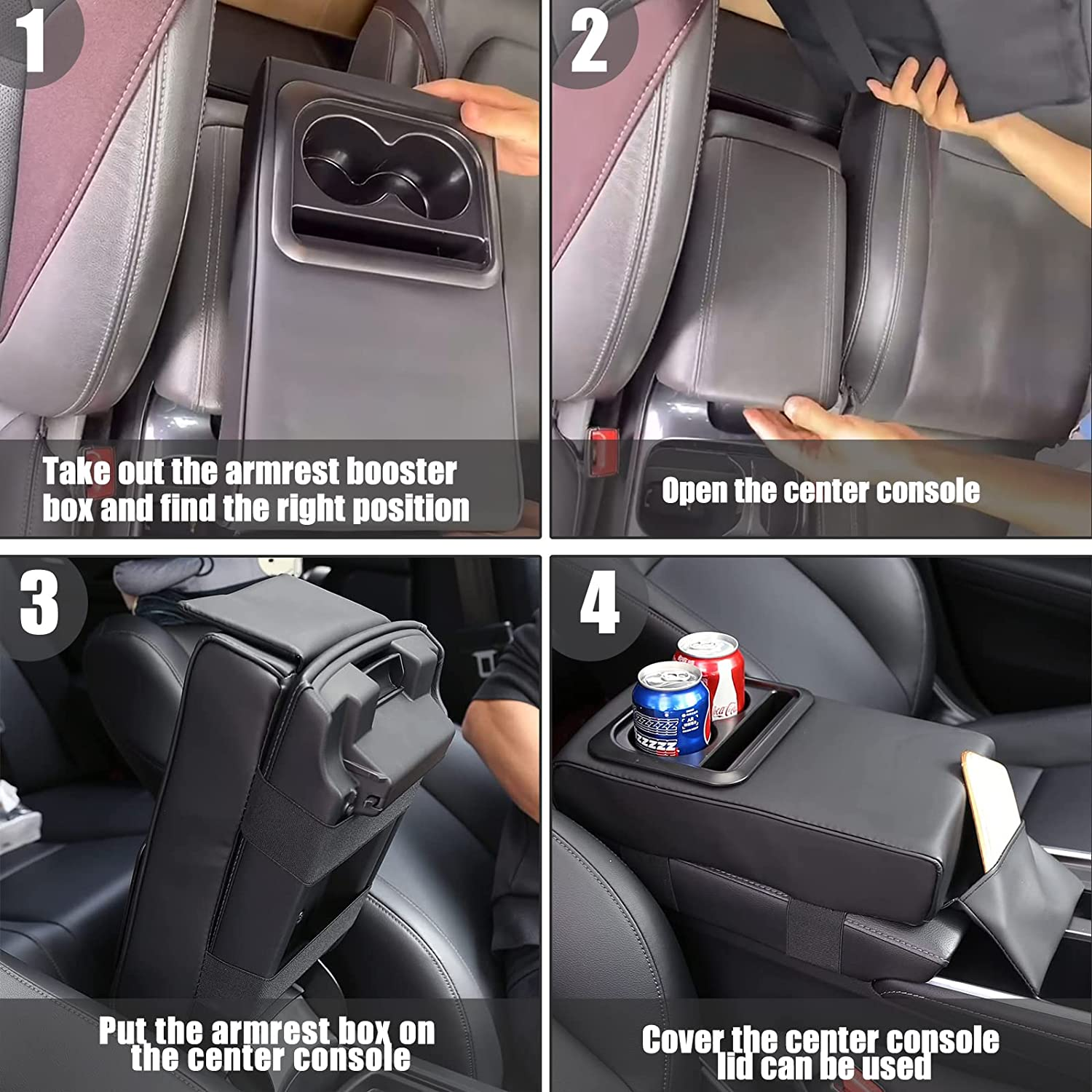 Car Armrest Box Cushion with Phone & Cup Holder, Universal Leather Center Console Armrest Cover Memory Foam Pillow with Bling Coaster, Auto Arm Rest Support Cushion Protector Interior Accessories image number 6