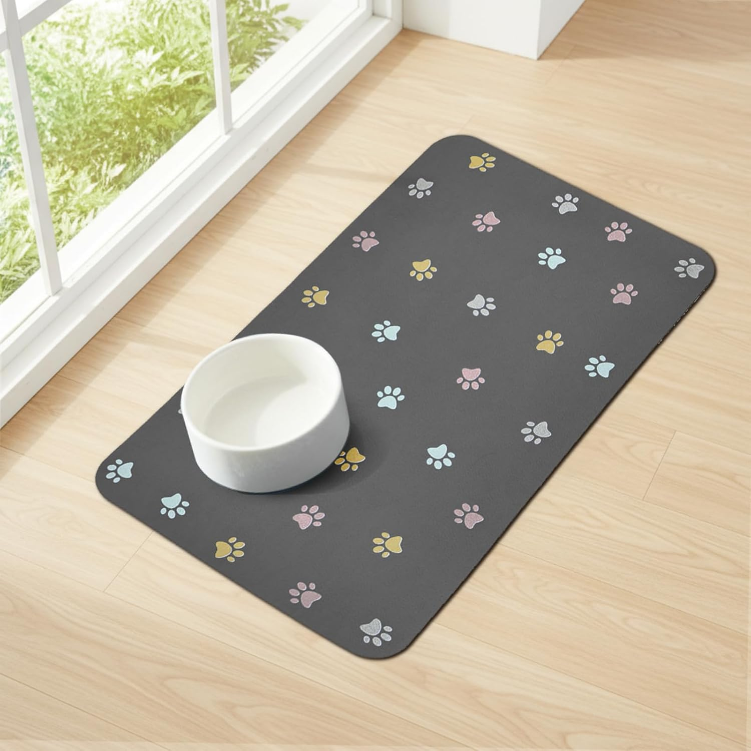Cat Food Mat Absorbent Dog Mat for Food and Water Non Slip Quick Dry Dog Bowl Mats for Floors 19" X 12" Paw Dark Gray