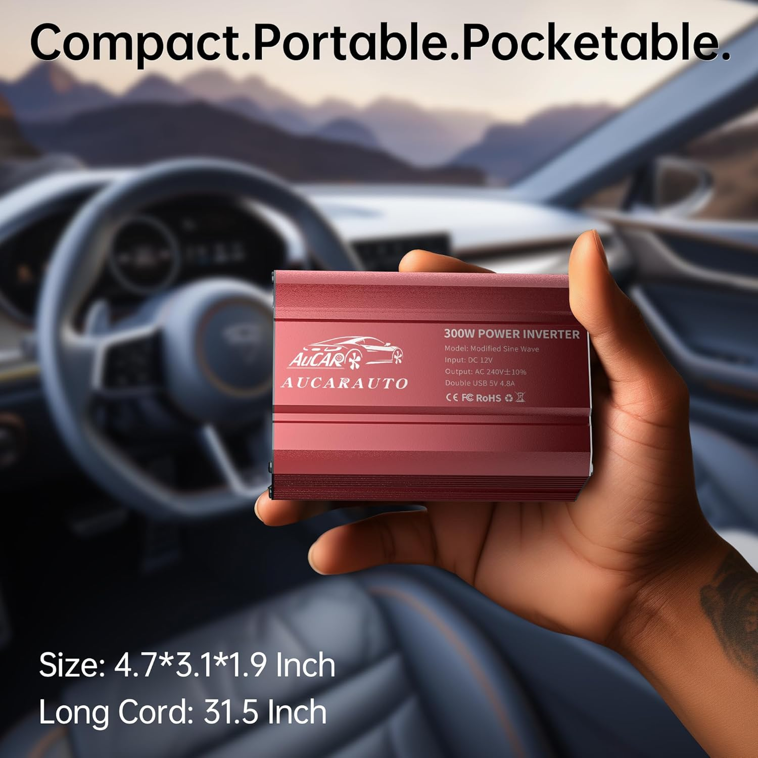 300W Power Inverter DC 12V to 230V 240V AC Car Inverter Converter with Standard Australian Plug Socket and 4.8A Dual USB & USB-C Car Plug Adapter for Car Devices - Red image number 1