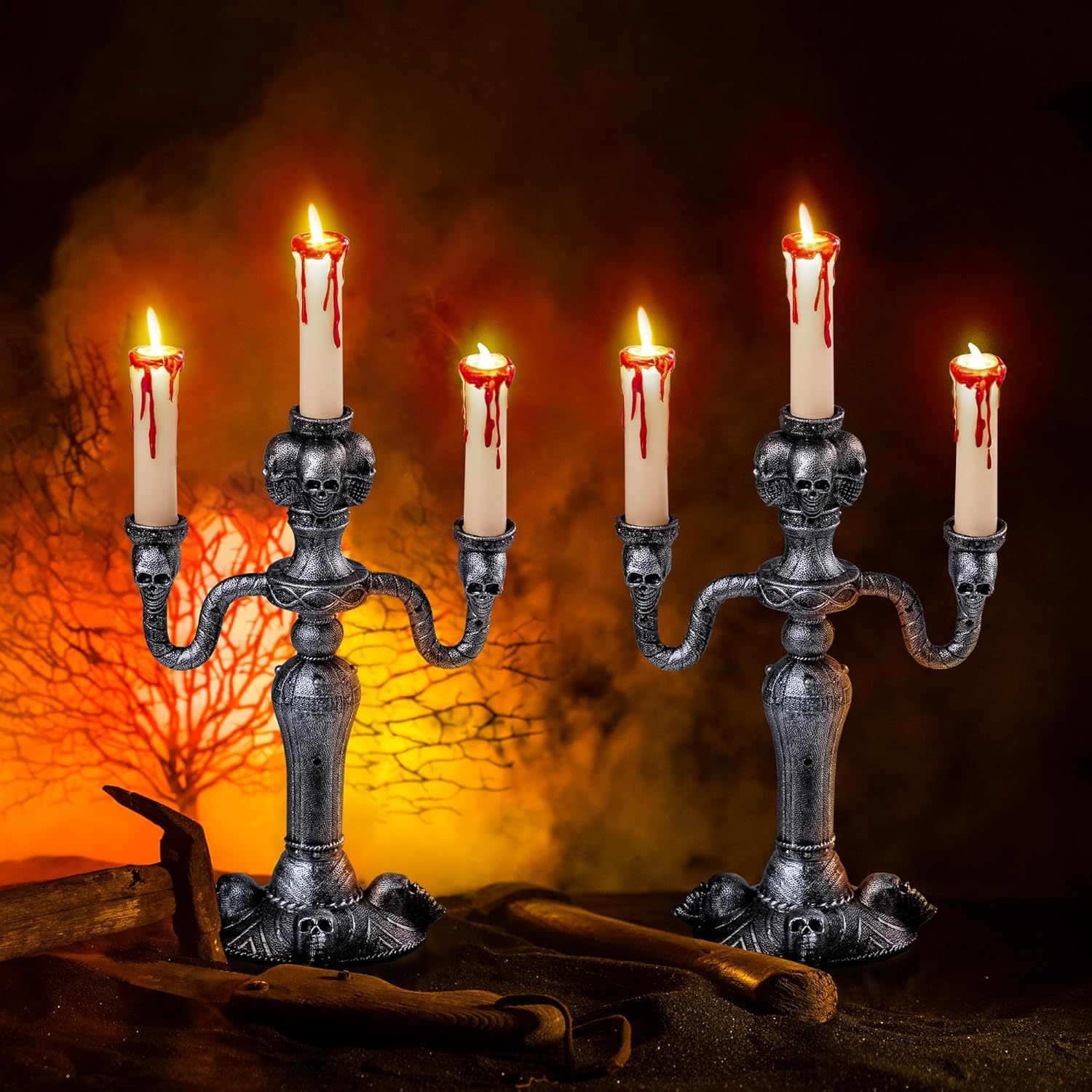 JOYIN 2 Pcs Skull Candelabra Halloween Decorations Indoor LED Lights Candles Holder Table Home, Scary Haunted House Mansion Decor image number 6