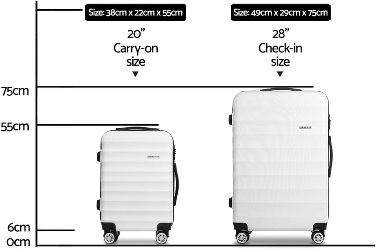 Wanderlite Luggage Set 2Pcs Trolley Suitcase Sets Hard Case Shell, Bag Carry on Adult Kids White Travel Hand Luggages, Lightweight Roller TSA Lock 4 Universal Wheels