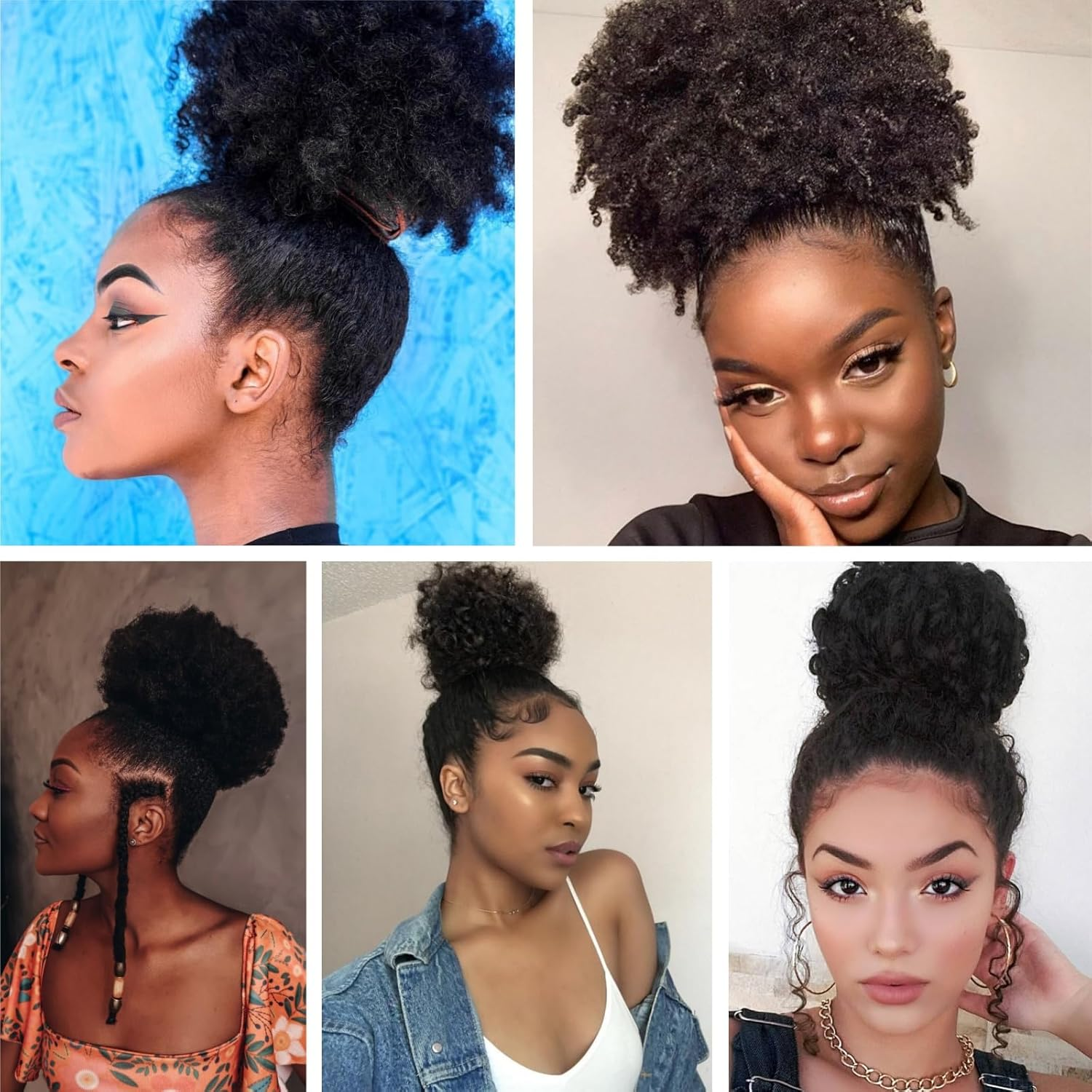 YUESUO Natural Ponytail for Women Synthetic Short Afro Bun Extension Hairpieces Drawstring Ponytail with Two Clips (Natural Black #1B) image number 1