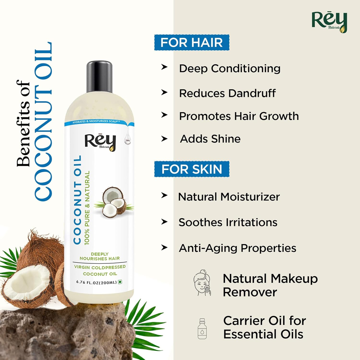 Rey Naturals&reg; Cold-Pressed, 100% Pure Castor Oil & Coconut Oil Combo - Moisturizing & Healing, for Skin, Hair Care, Eyelashes (200 Ml + 200 Ml) image number 1