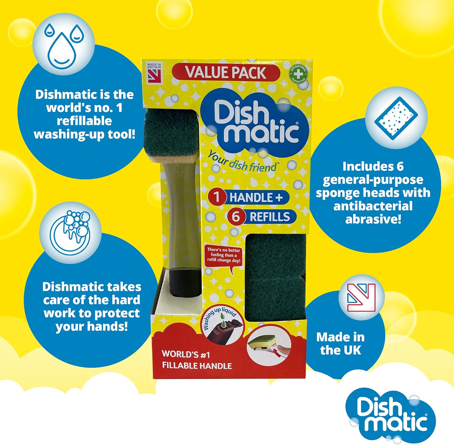 Dishmatic Bonus Pack 1 Fillable Handle and 6 Green Sponge Refills image number 2