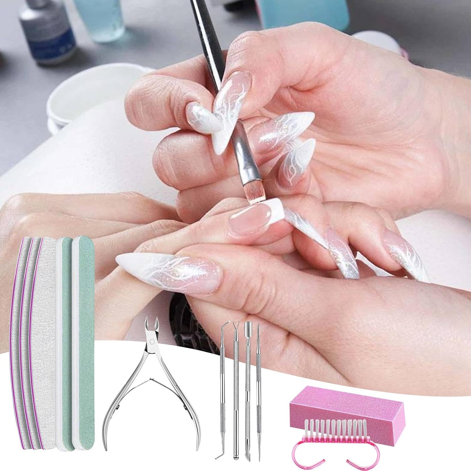 Wezalget Nail Clipper Set | Nail Care Kit 100/180 Manicure Tools - Nail Kit Includes Nail Files, Pink Nail Buffer, Polishing Files, Triangular Cuticle Stripper for Salon image number 5
