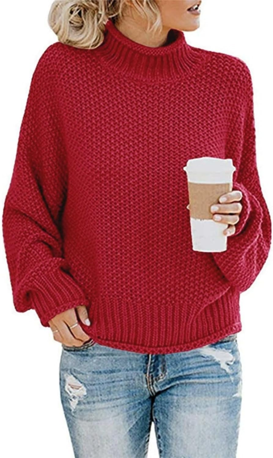 Womens Chunky Knit Slouchy Turtleneck Pullover Batwing Long Sleeve Pullover Loose Solid Casual Pullover Fall Tops Jumper image number 2