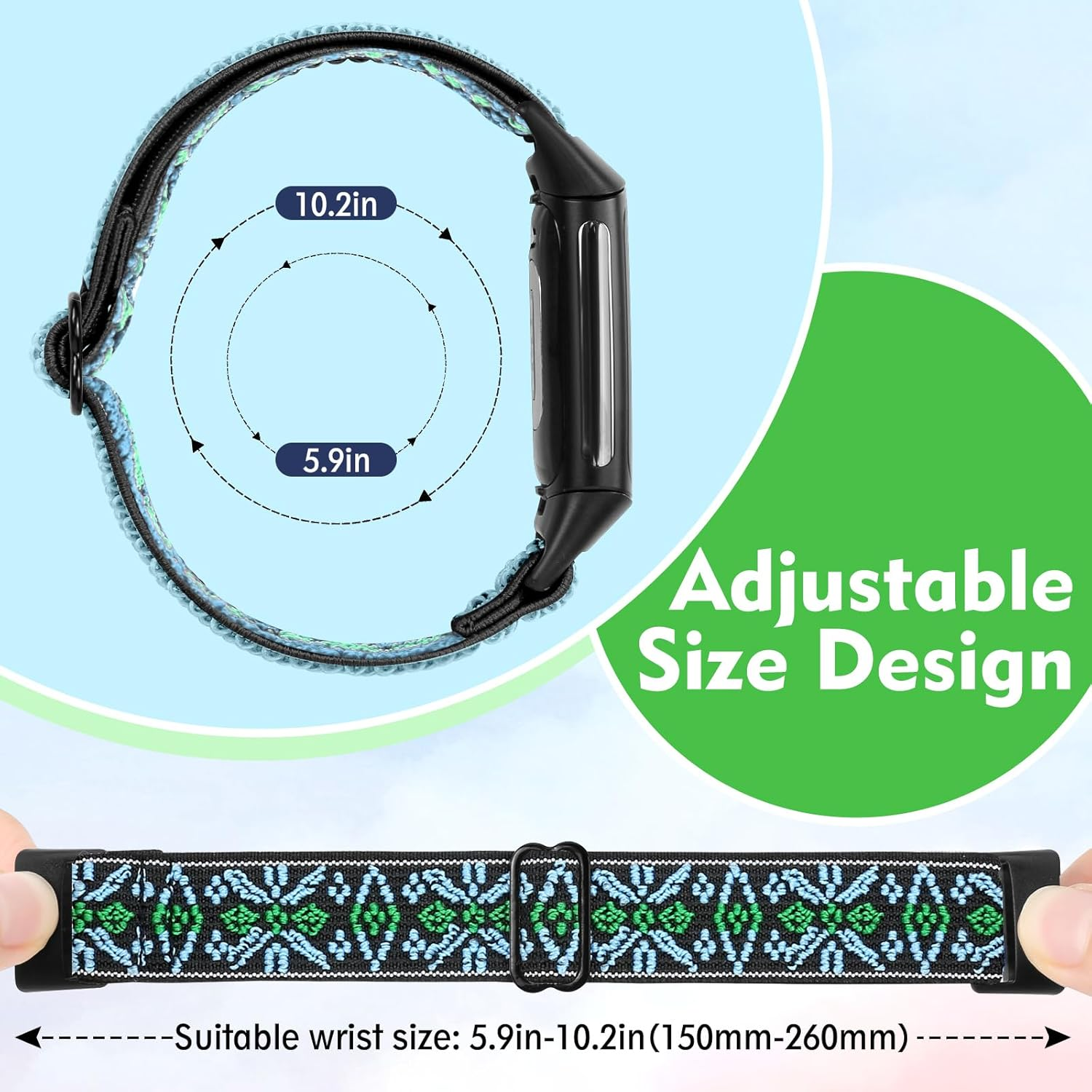 2 Pack Elastic Nylon Bands Compatible with Fitbit Charge 5/Charge 6 Adjustable Breathable Replacement Straps Soft Nylon Loop for Women Men