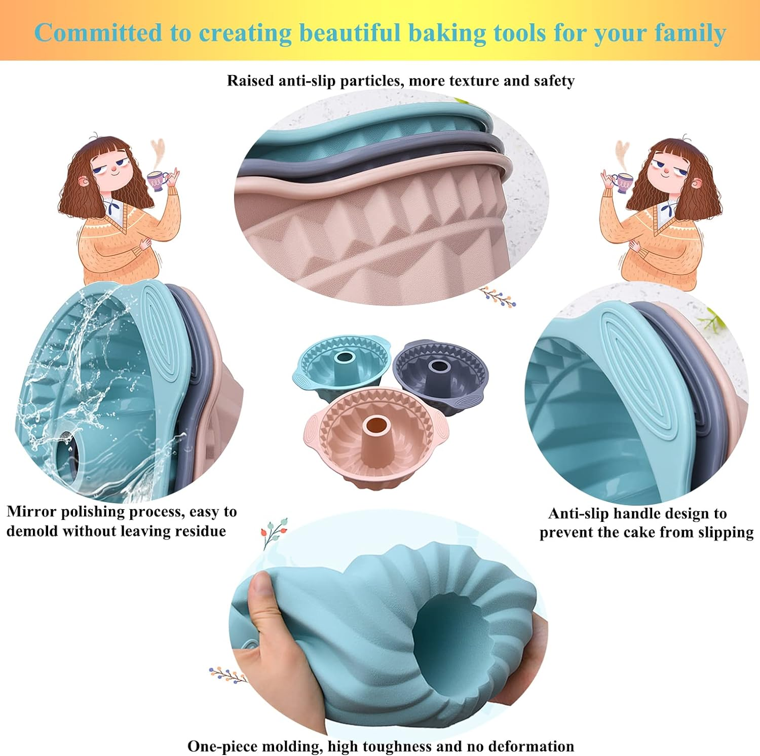 Kenond Silicone Fluted Pans, Non-Stick with Sturdy Handle, Baking Molds, Perfect Bakeware for Cake, Jello, Gelatin, Bread, Para Gelatinas, 9.5 Inch (Blue) image number 7