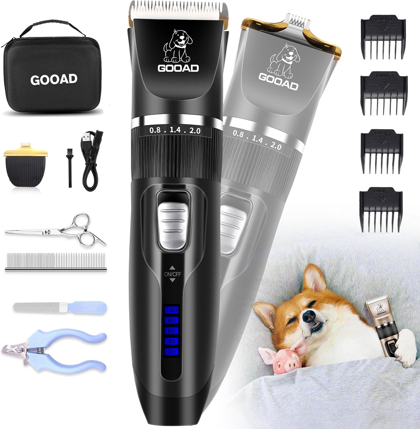 Gooad Dog Clippers for Grooming,Dog Grooming Kit for Heavy Thick Hair&Coats/Low Noise Rechargeable Cordless Hair Trimmer/Pet Shaver with Paw Trimmer for Small & Large Dogs Cats