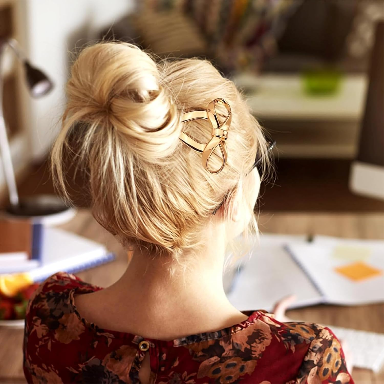 ASOMI 2 Pieces French Bow Hair Forks Vintage Style for Women Large U Shaped Metal Updo Hairpins for Long Thick Hair (Gold, Black) image number 5