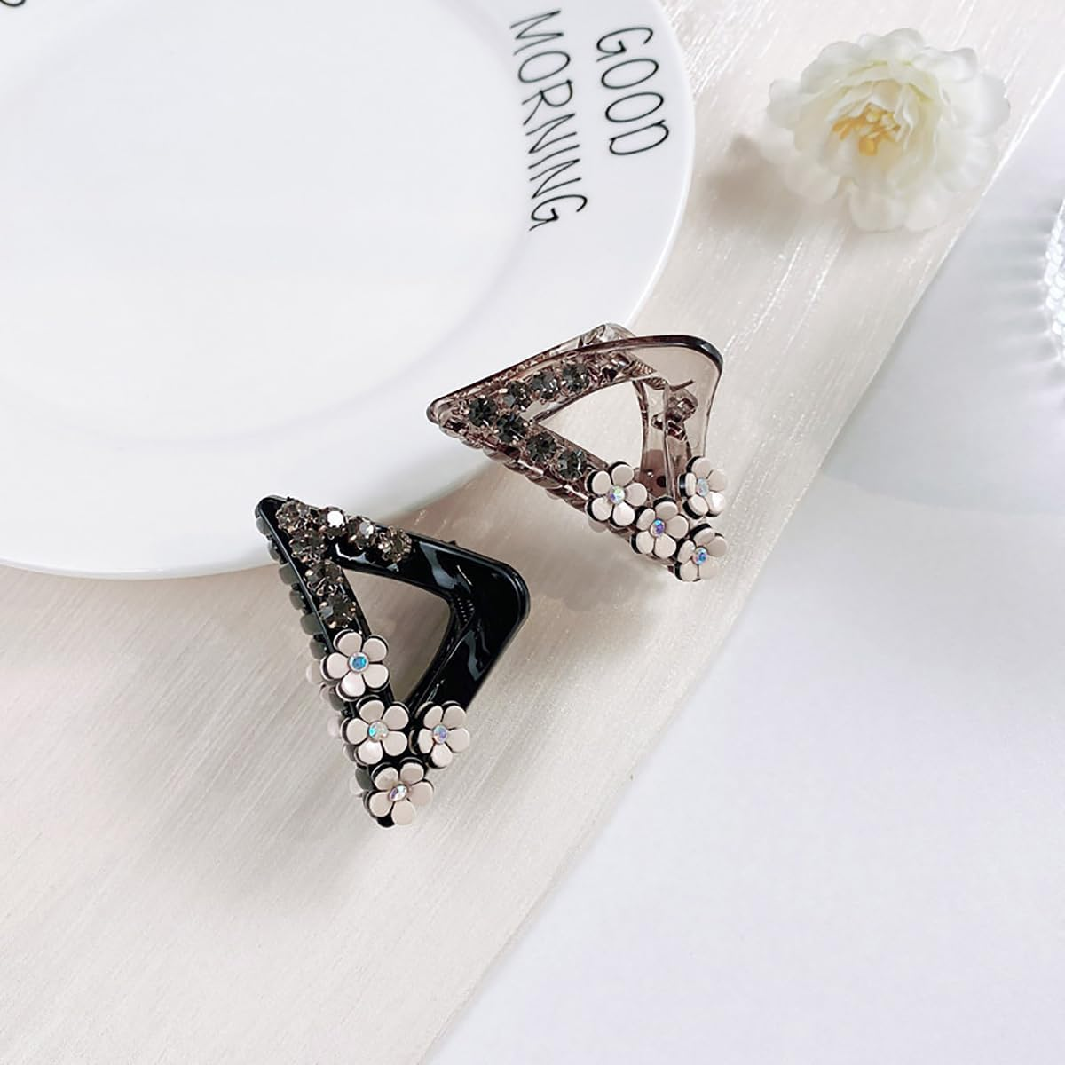 Mini Hair Claw Clip Rhinestone Triangle Crab Hair Clip Tiny Hair Jaw Clips Barrettes Non Slip Hair Bow Grip Flower Hair Accessories for Women Ladies 2Pcs image number 1