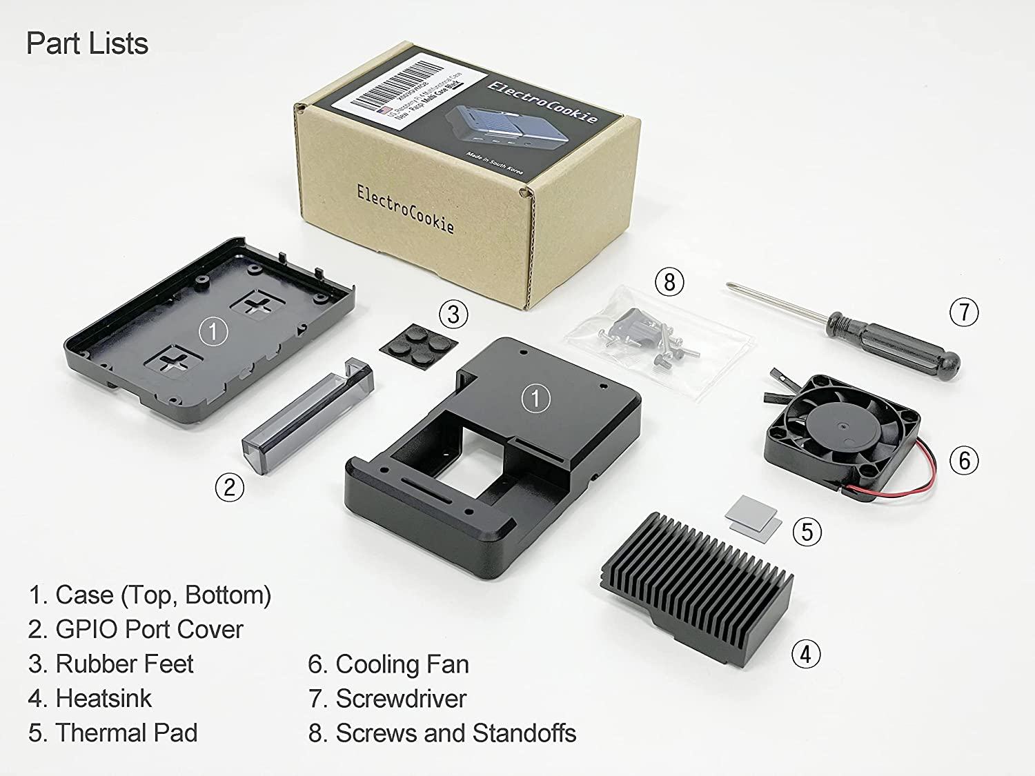 Electrocookie Multi-Functional Case for Raspberry Pi 4-1.Noiseless Passive Cooling 2.Active Cooling for Heavy Loads 3.Wall Mount 4.Cluster Building