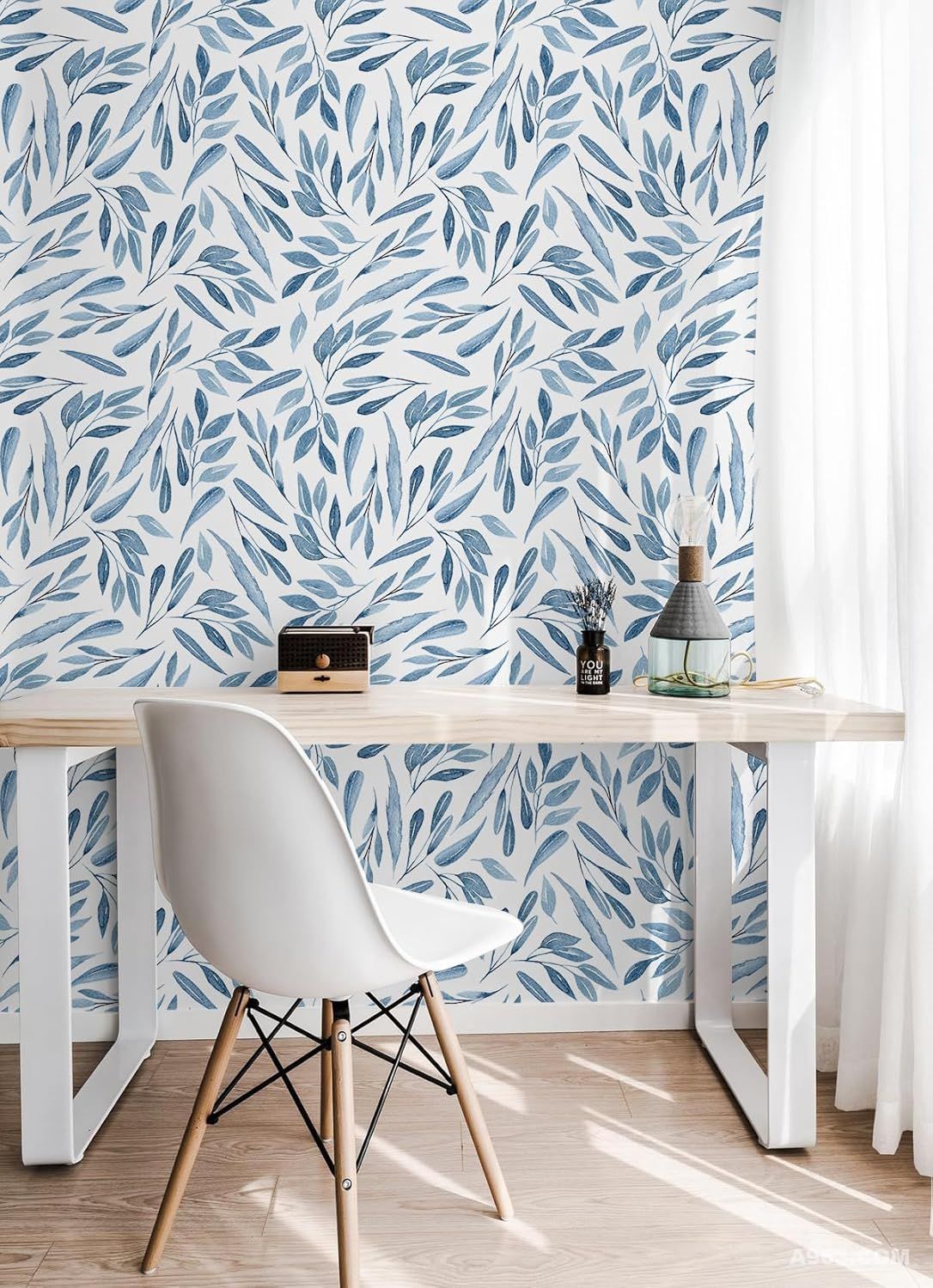 Haokhome 93199 Modern Peel and Stick Wallpaper Blue Branches with Leaves Removable Vinyl Self Adhesive Contactpaper 0.45M X 3M