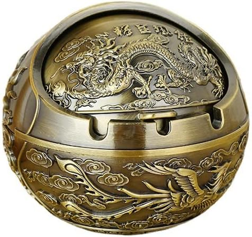 Chiorgone Vintage Chinese Dragon & Phoenix Metal Ashtray with Windproof Lid - Embossed Bronze Finish, Feng Shui Decorative Tabletop Ash Holder for Home Office Patio.