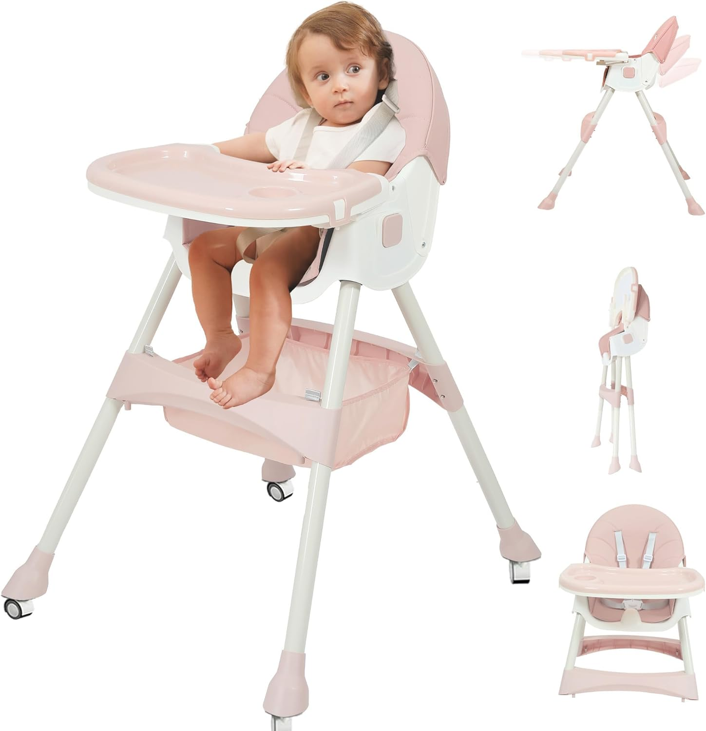 Portable Baby High Chair, 6 in 1 Convertible High Chairs for Babies & Toddlers with 5-Point Safety Harness, Foldable High Chair for Space-Saving, Adjustable Dining Tray, Backrest & Height