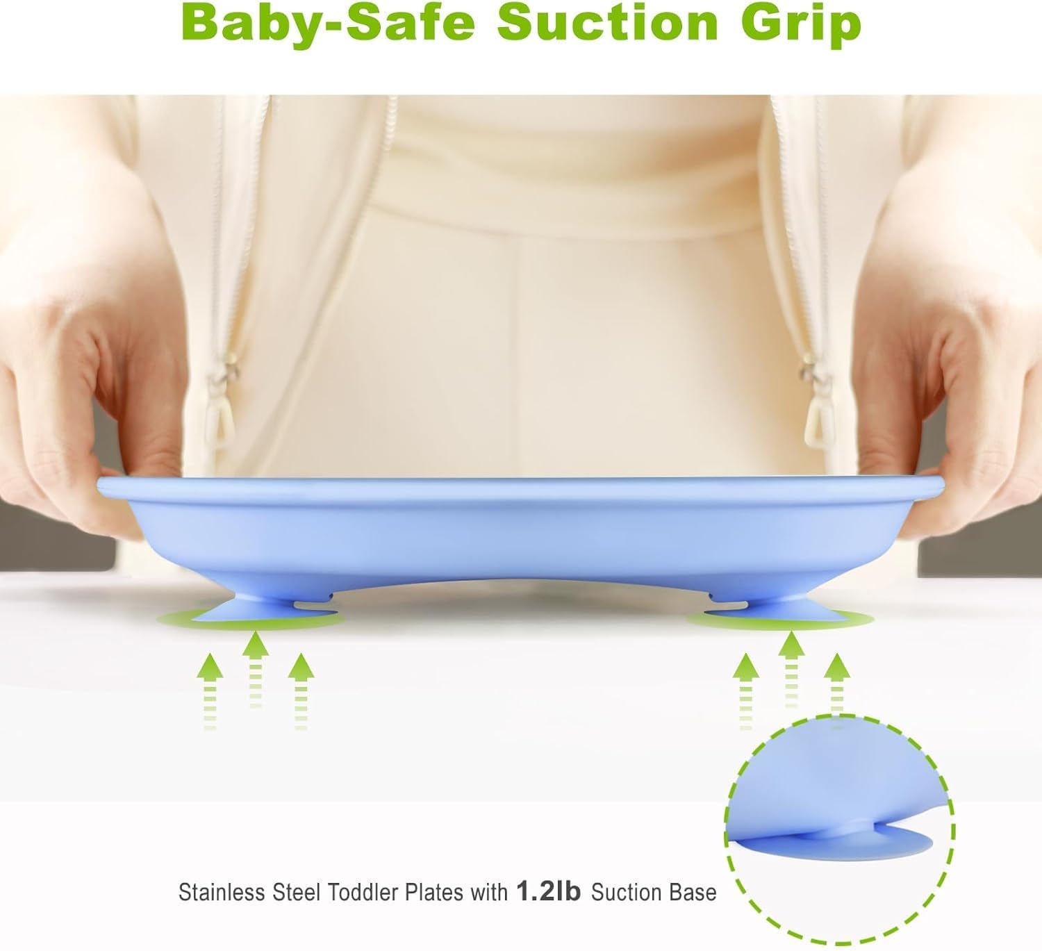 2-Pack Stainless Steel Baby Plates with Suction, 9"/ 23 Cm Divided Bpa-Free Kids Plates, Non-Slip Toddler Plates, (Blue+Pink) - Green+Purchase image number 5