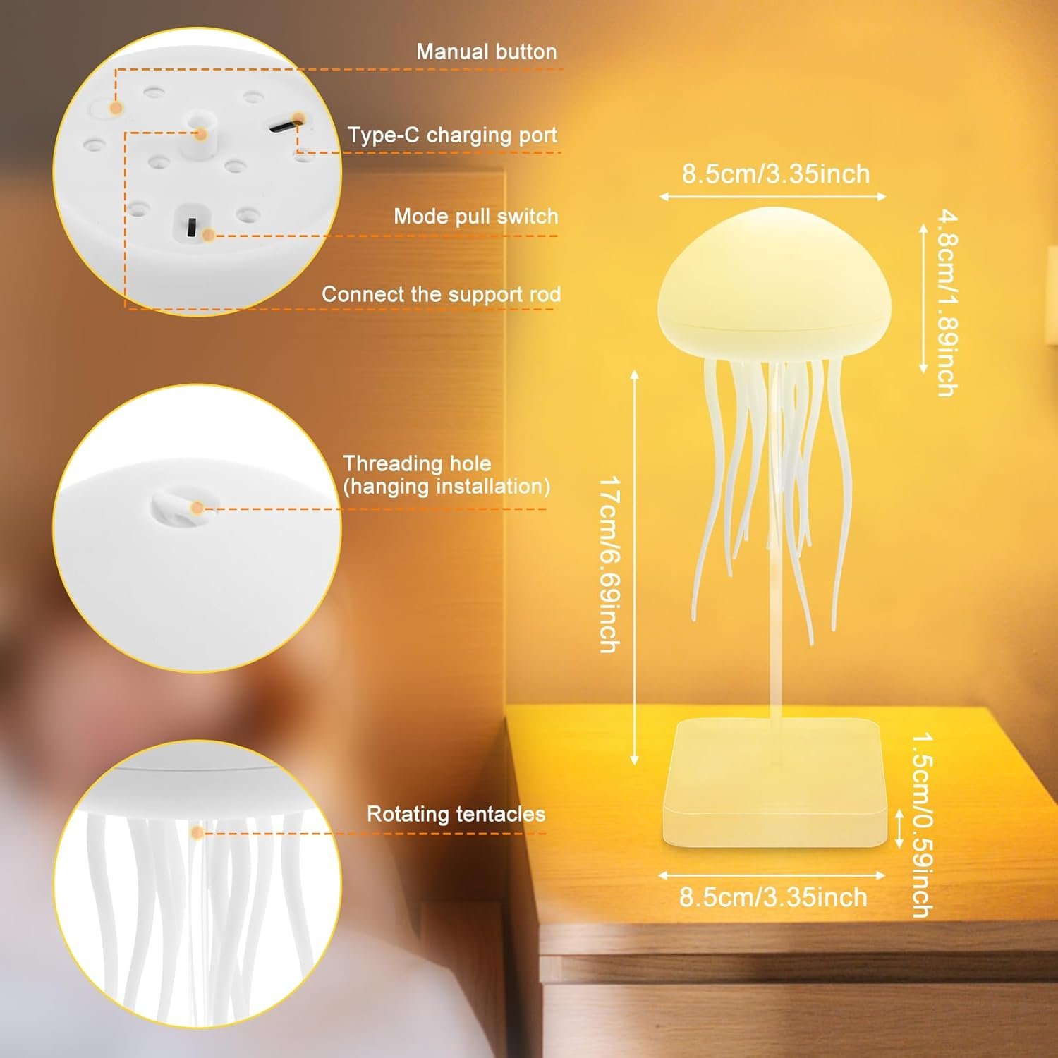 LED Jellyfish Lamp, RGB Gradient Jellyfish Bedside Lamp, LED Cute Jelly Fish Night Light, Voice Control Gradient Jellyfishes Table Lamp, 2 Modes Jellyfishes Light for Bedside Table image number 2