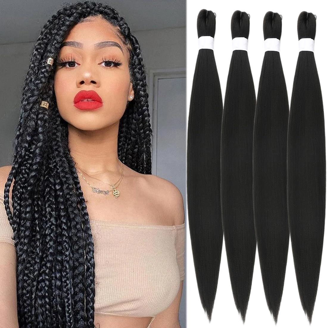 SAISIFEN Braiding Hair Pre-Stretched Yaik Straight 4 Pieces/Lot Ombre Colored Synthetic Long Hair Extensions Crochet Braids Hair Hot Water Setting 90G/Piece 66 CM/26 Inch #T1B/Burgundy Color