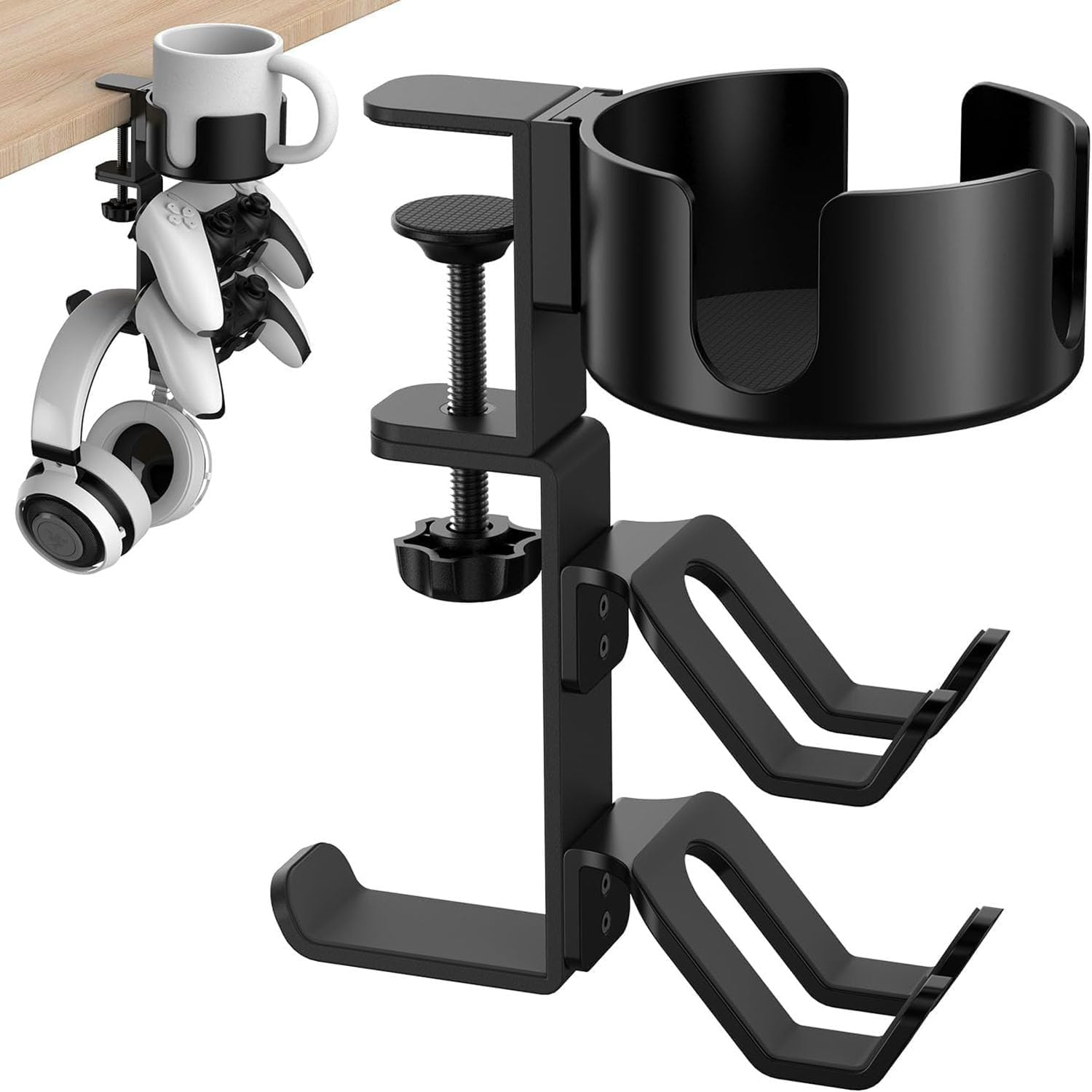4 in 1 Desk Cup Holder with Headphone Hanger and Controller Stand, 360&deg; Swivel under Table Clip Controller Holder, Universal Adjustable Rotating Upgraded Arm Clamp for Coffee Mugs, Bottles, Headphones image number 1