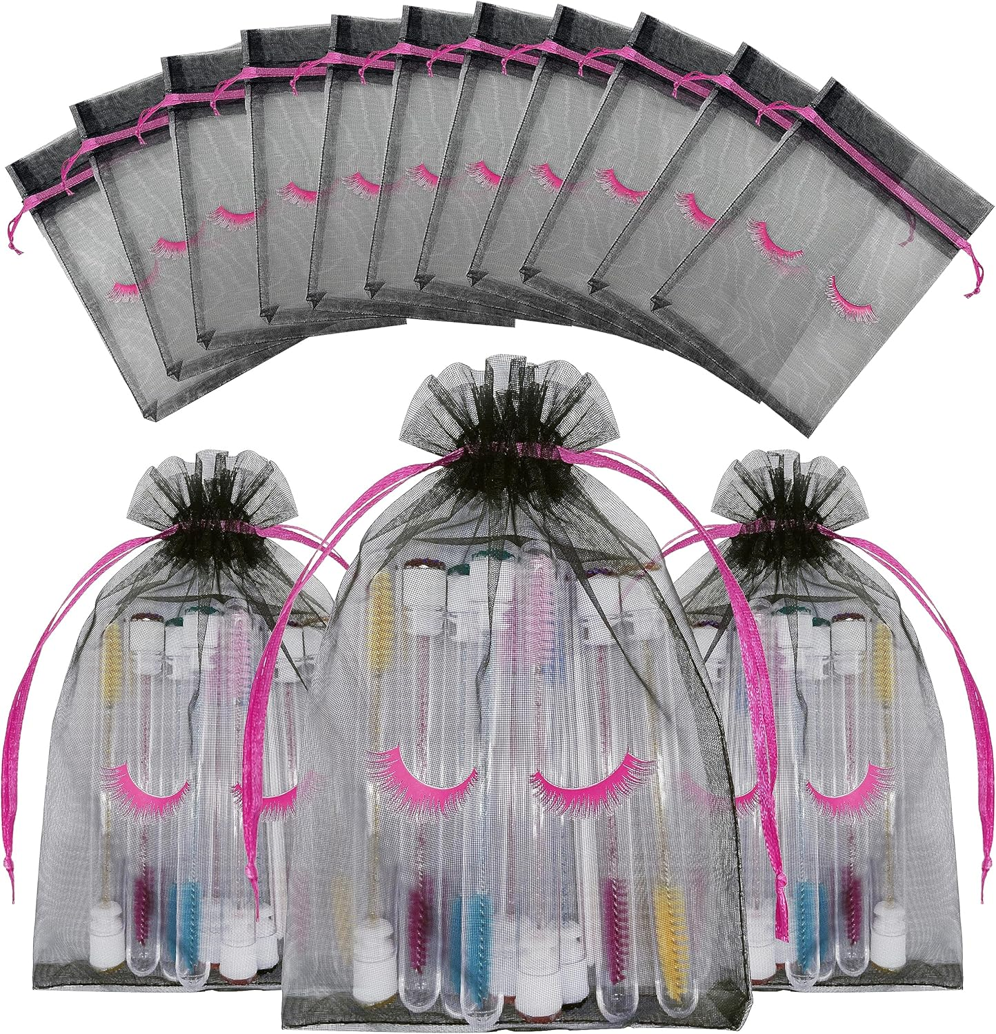 Jexila 100 Pack Pink Lash Bags for Clients Eyelash Aftercare Lash Extension Kit Bags Pink Mesh Makeup Bag with Drawstring Cosmetic Organza Gift Bag for Small Business Supplies