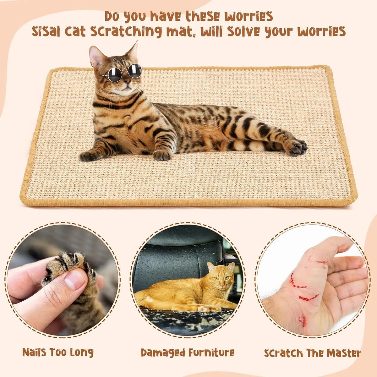 Cat Scratching Mat, Scratching Cardboard for Cats, Natural Sisal Scratching Mat, Cat Scratching Boards, Non-Slip Floor, Cat Scratching Furniture, Scratching Mat for Cats, Protects Carpets and Sofas image number 3