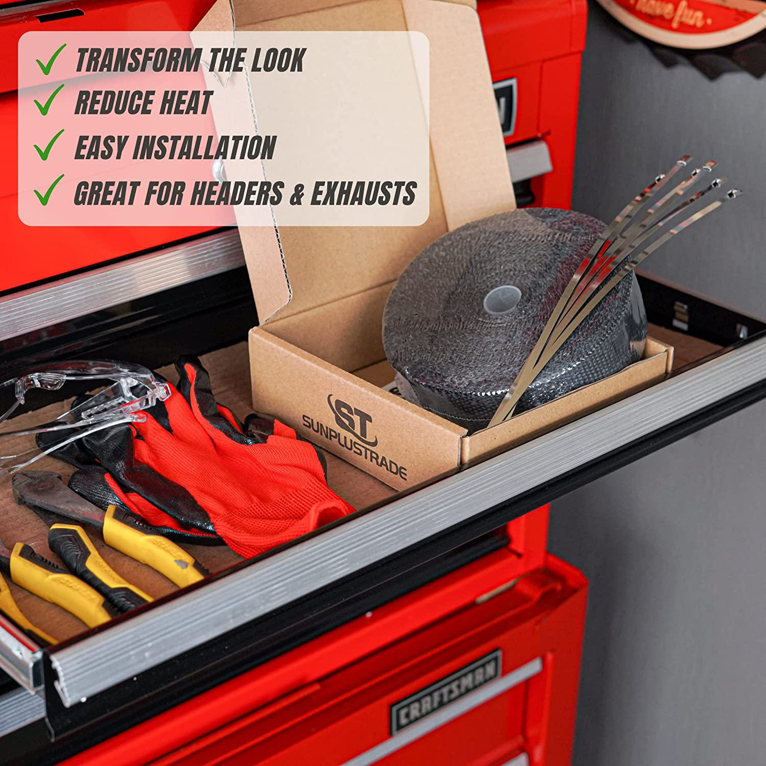 Sunplustrade 2" X 50' Black Exhaust Heat Wrap Roll for Motorcycle Fiberglass Heat Shield Tape with Stainless Ties image number 5