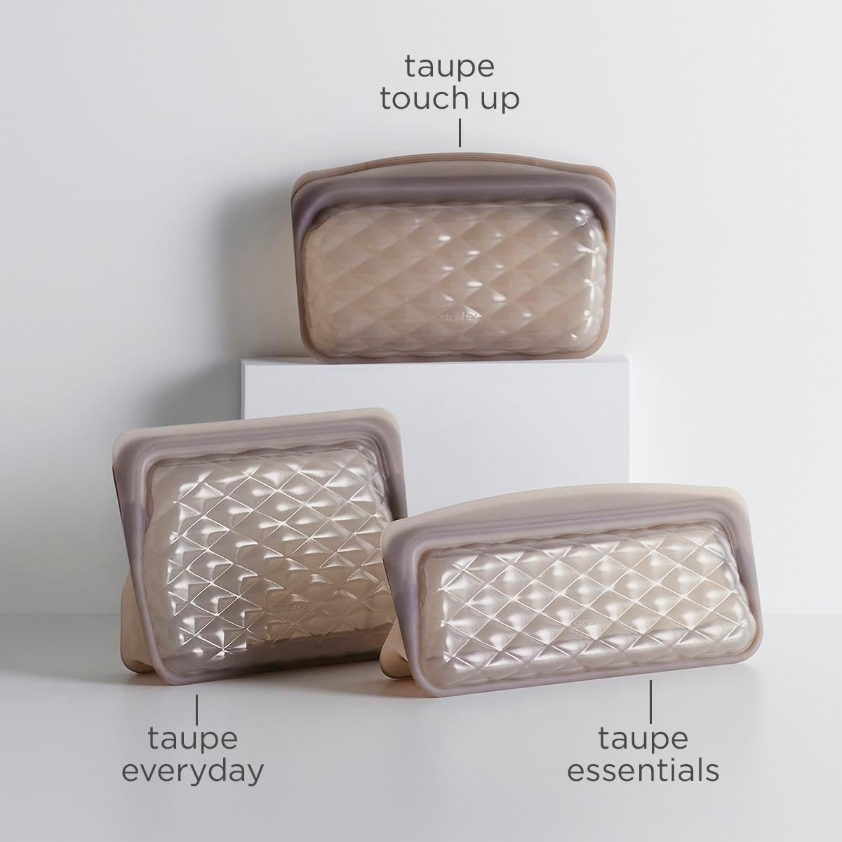 Stasher Premium Silicone Reusable Makeup Bags 3-Pack, Taupe, Beauty & Travel Toiletry Bag, Storage Bag Organizer, Dishwasher & Heat Safe, TSA Friendly, BPA Free, Leak-Free, Eco Friendly