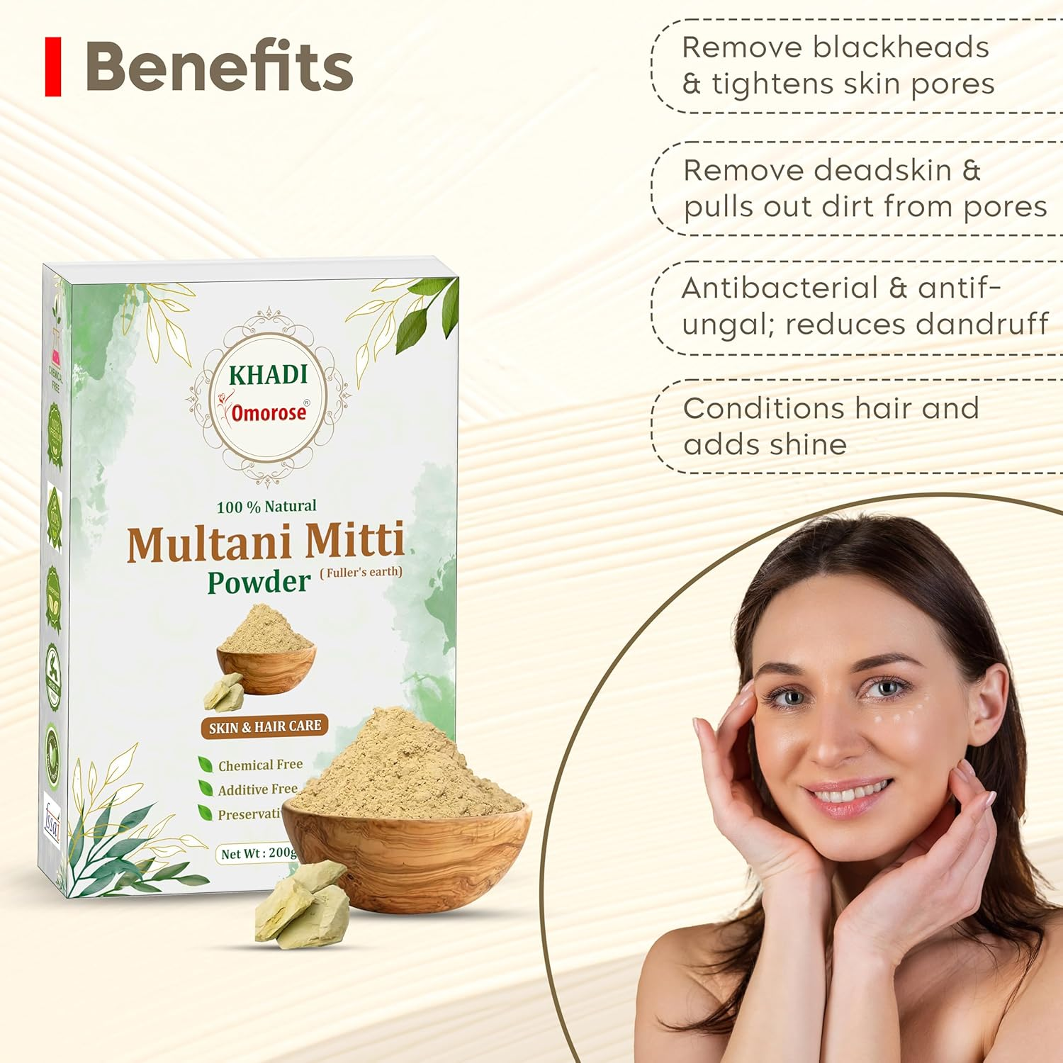 Khadi Omorose Multani Mitti Powder for Hair and Skin Care | 200 Grams | 100 & Pure & Natural | Soft & Glowing Skin | Exfoliator | Softner | Nourishment | Fuller'S Earth | Resealable Zipper Pouch Pack image number 1