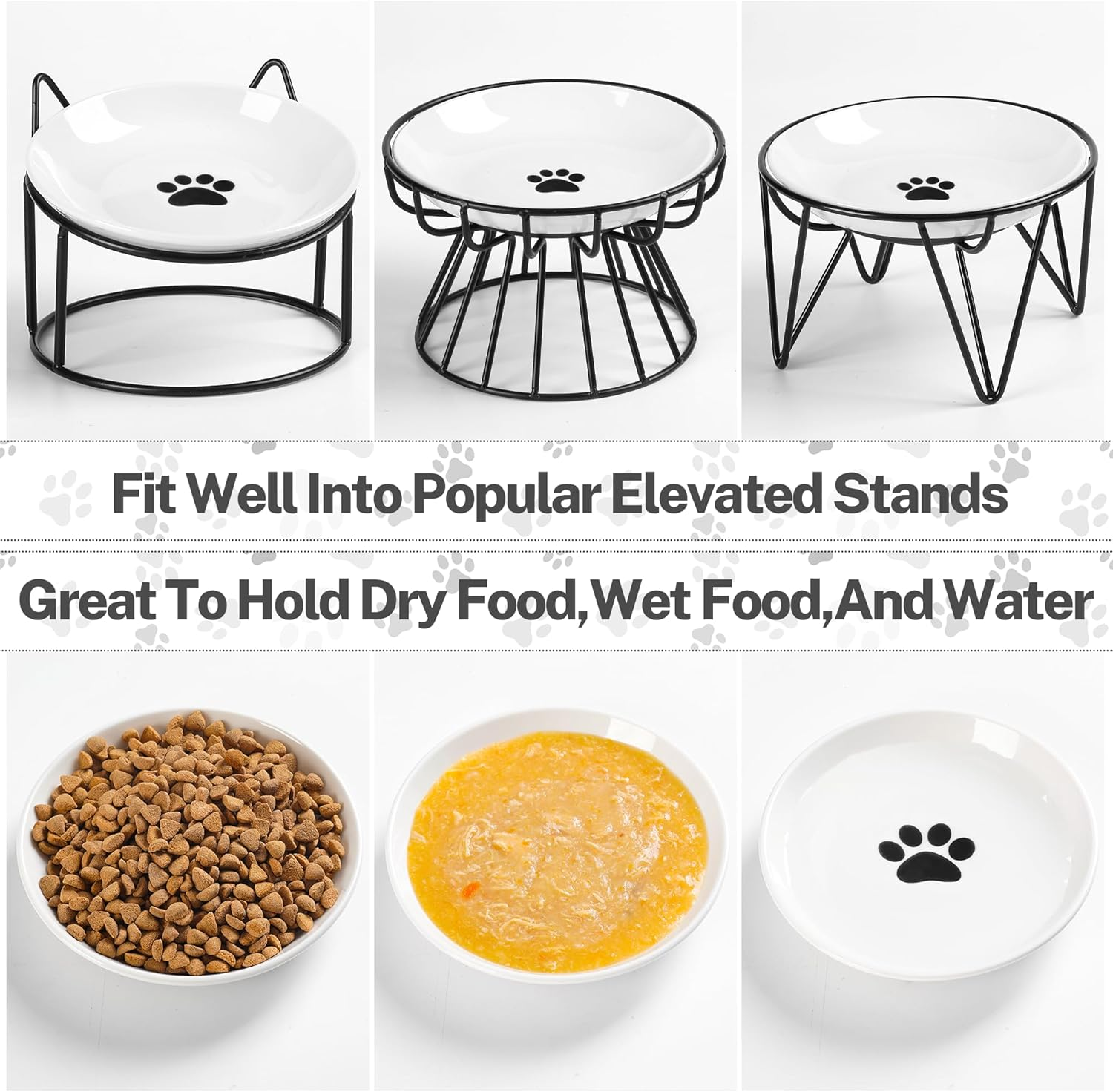 Cat Food Bowls - Whisker Friendly Ceramic with Nonslip Silicone Bottom, Pack of 3 Quiet Dishes and Plates for Feeding Indoor Cats, Kittens and Small Dogs (Cat Paw) - Fishbone+Cat Paw image number 4