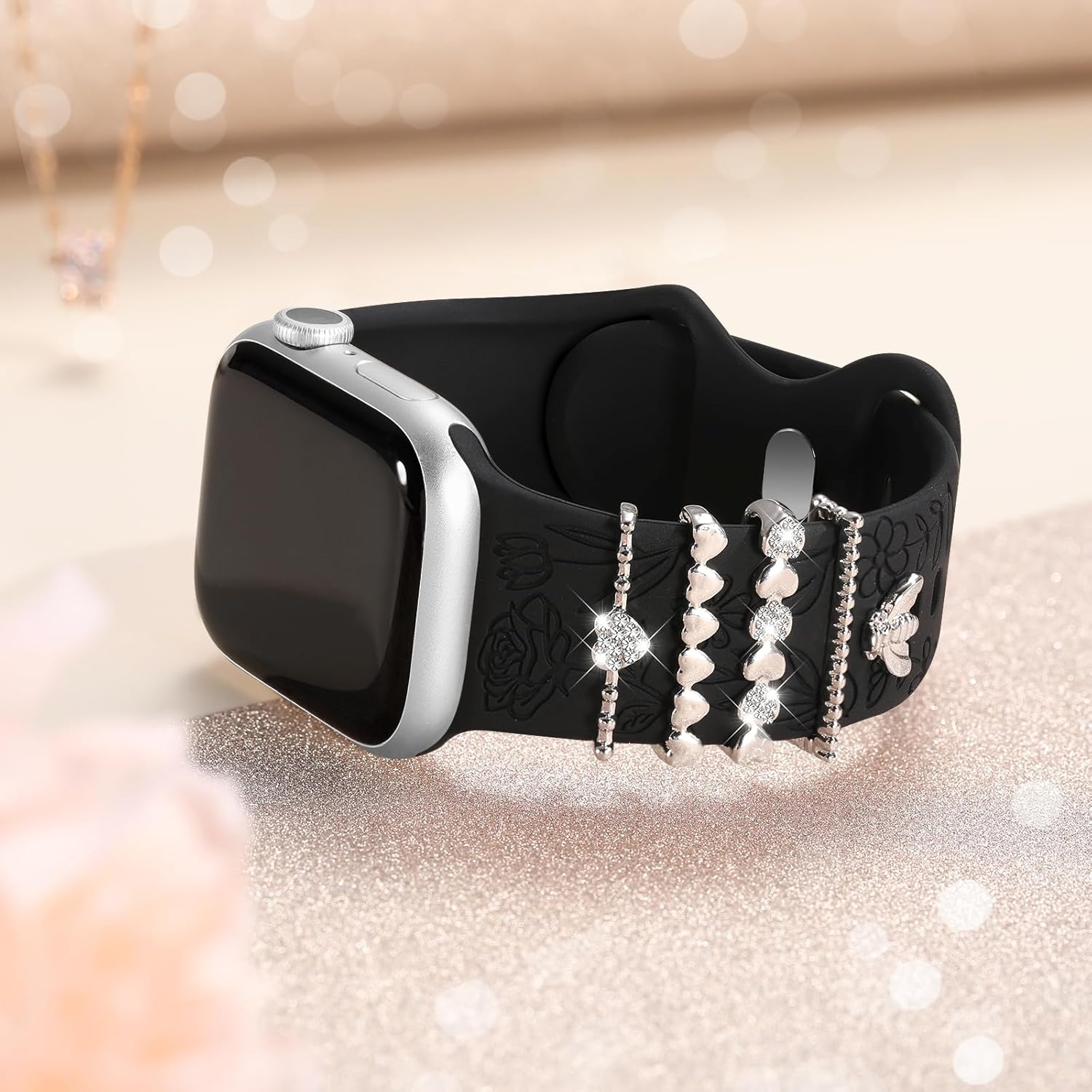 Witzon Flower Engraved Band Compatible with Apple Watch Bands 38Mm 40Mm 41Mm for Women, Soft Silicone Sport Band with Decorative Apple Watch Charms for Iwatch Series 9 8 7 6 5 4 3 2 1 SE (With Band) image number 3