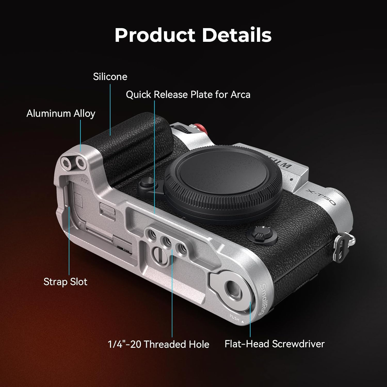 SMALLRIG X-T50 Handgrip, Silicone L-Shape Handle for FUJIFILM X-T50 Camera, Built-In Quick Release Plate for Arca, with Shutter Button and Hot Shoe Cover, Silver - 4713