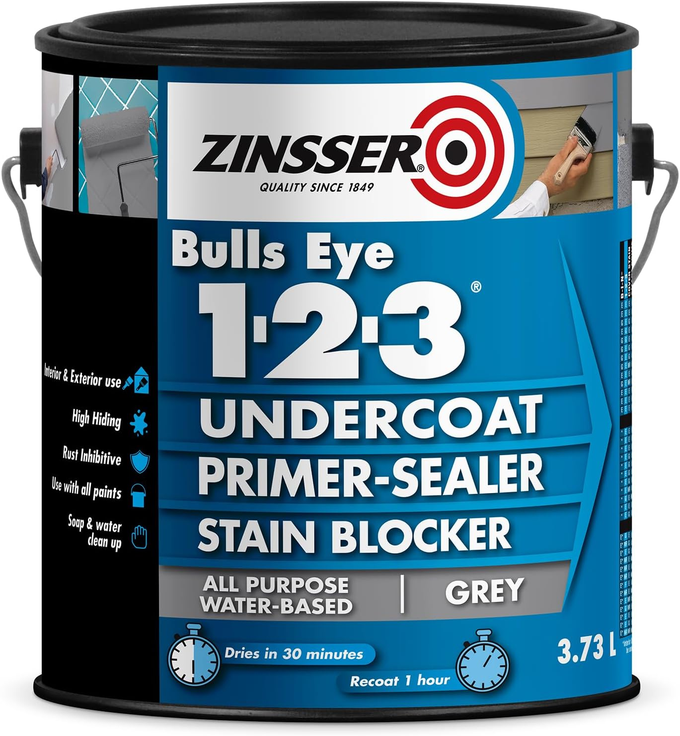 Zinsser Bulls Eye 1-2-3 Water-Based Primer & Sealer | Quick-Dry, High-Adhesion Undercoat for Interior & Exterior Surfaces | Mould & Mildew Resistant, Grey, 3.73 Litre
