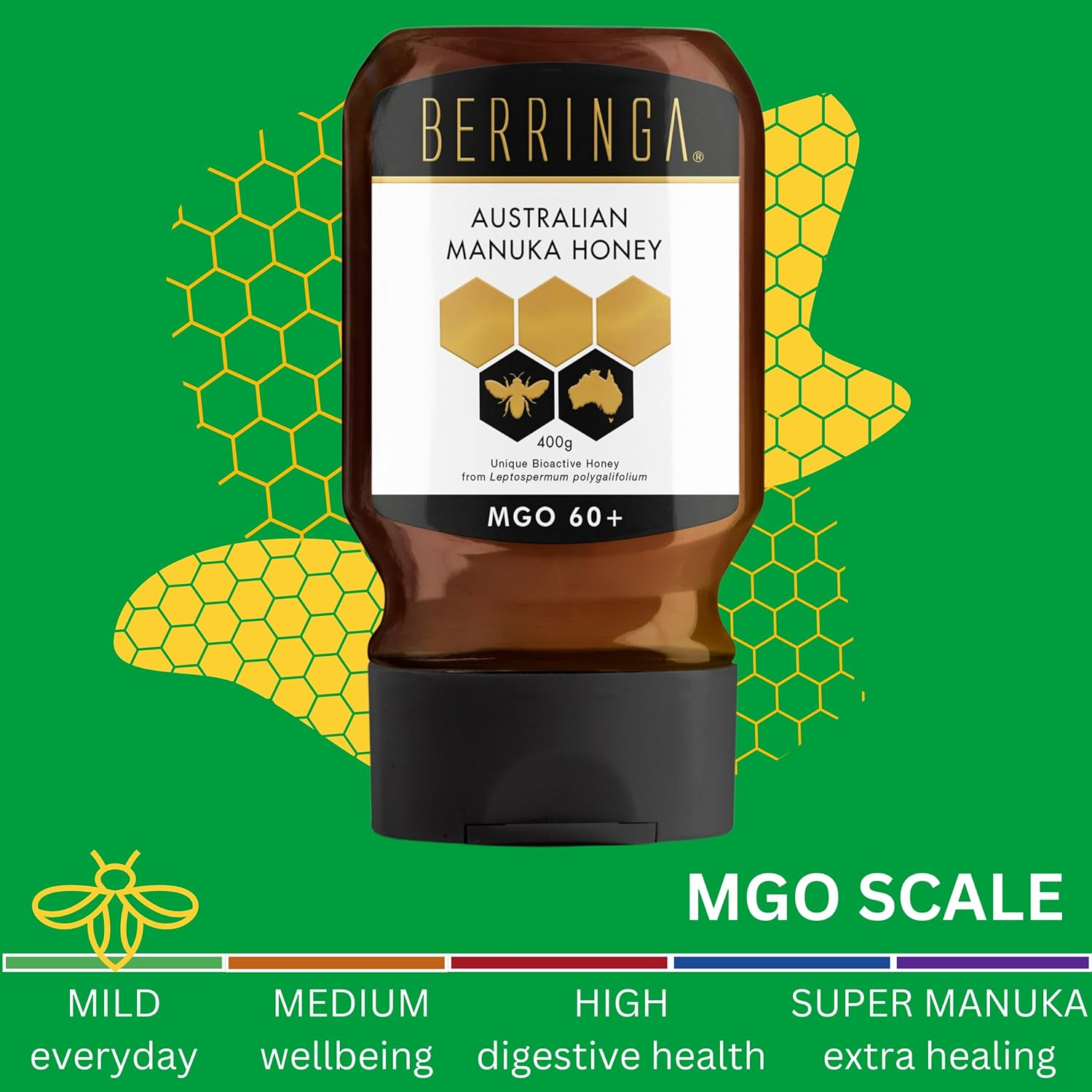 Berringa Raw Unfiltered Manuka Honey Squeeze Bottle - Certified Tested MGO 60+ 400G | Everyday Boost | Traceable Genuine Local 100% Pure Australian | Non-Gmo Superfood | Convenient No Drip Squeezy image number 1