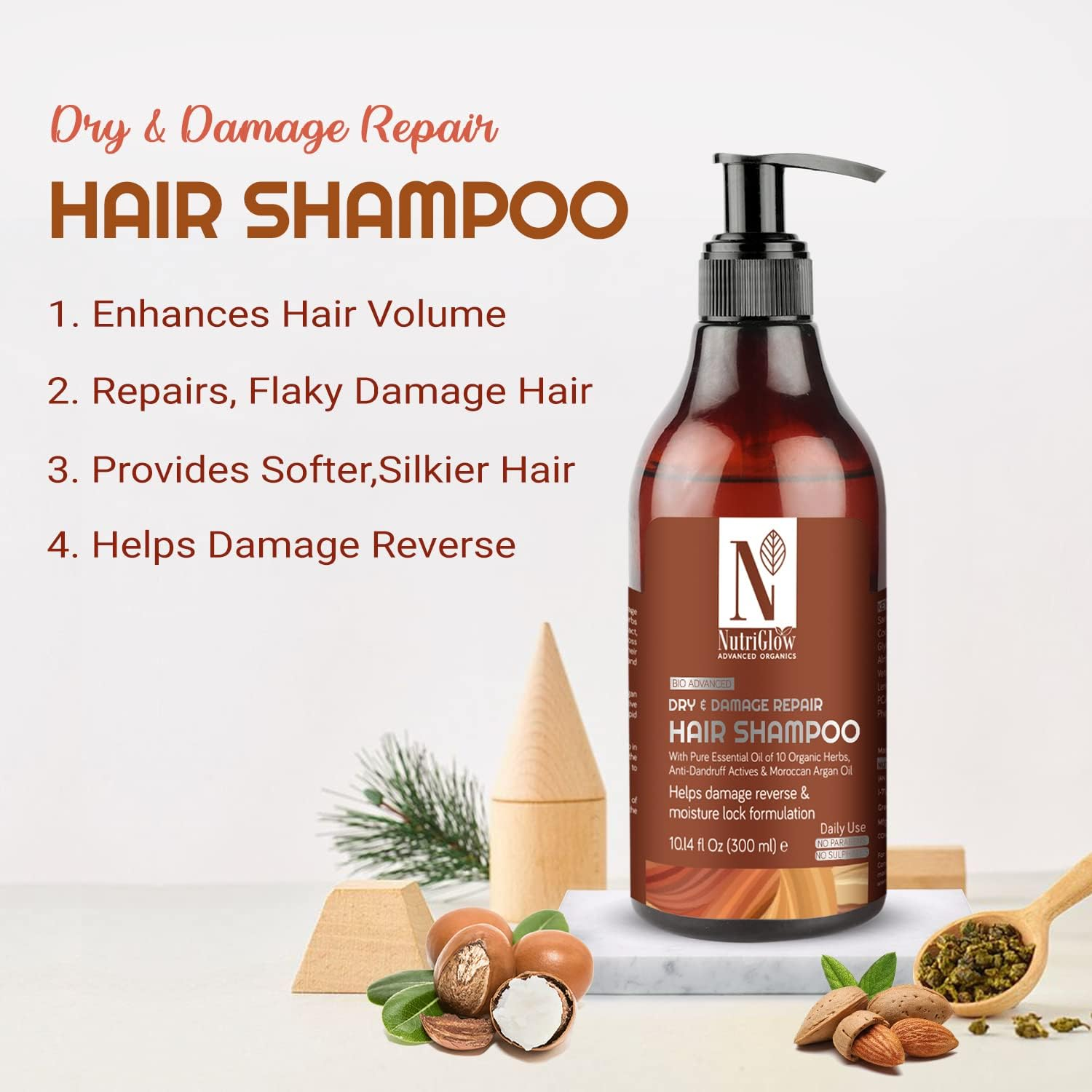 Nutriglow Advanced Organics Bio Advanced Daily Use Dry and Damage Repair Hair Shampoo (300Ml) + Hair Serum (100Ml)/Moisture Lock Formulation/Argan and Essential Oils/No Parabens/No Sulphate image number 3