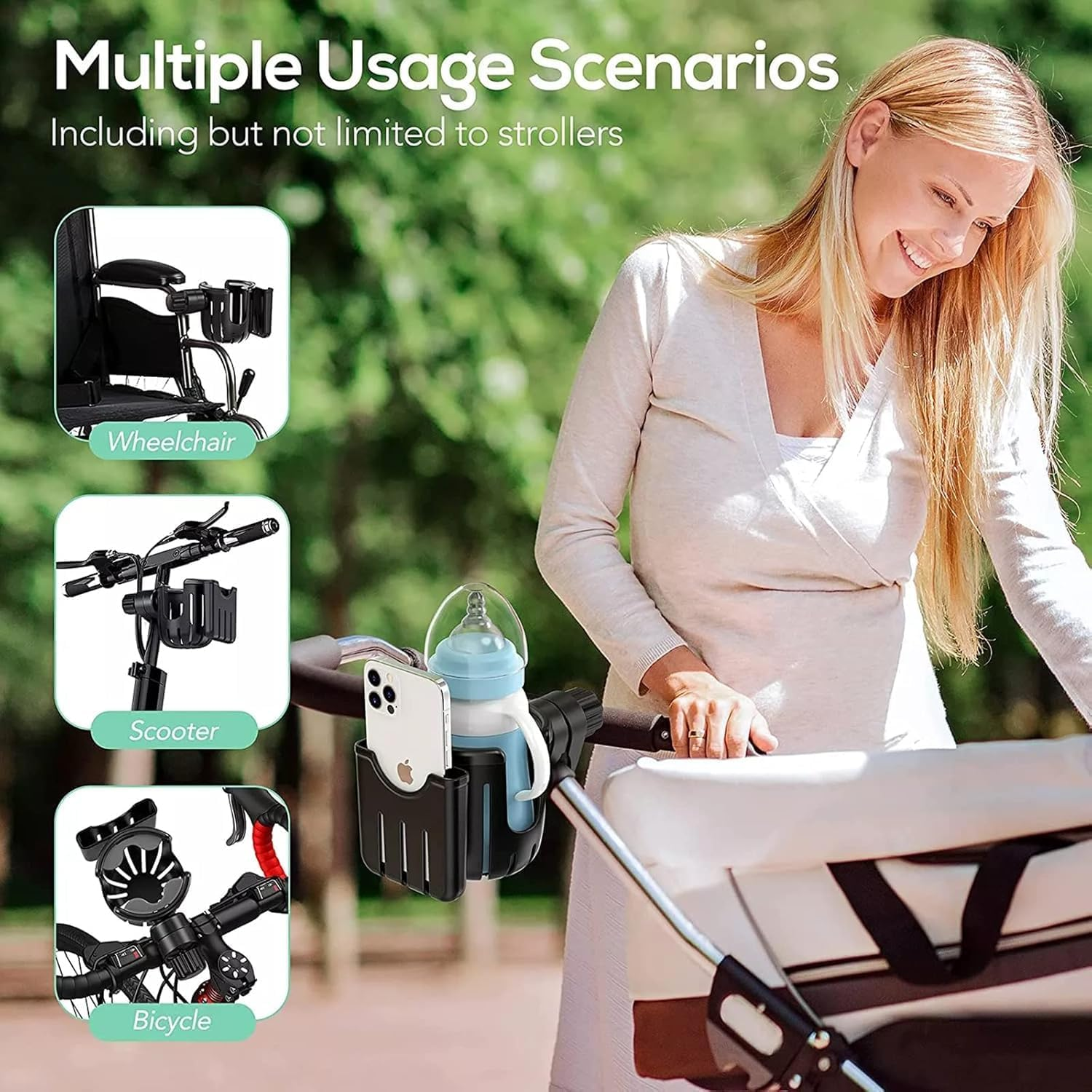 Universal Stroller Cup Holder with Phone Holder, Bike Cup Holder, 2-In-1 Cup Phone Drinks Holder Organizer for Stroller Accessories, Bicycle, Wheelchair, Walker, Scooter - Easy to Install and Remove