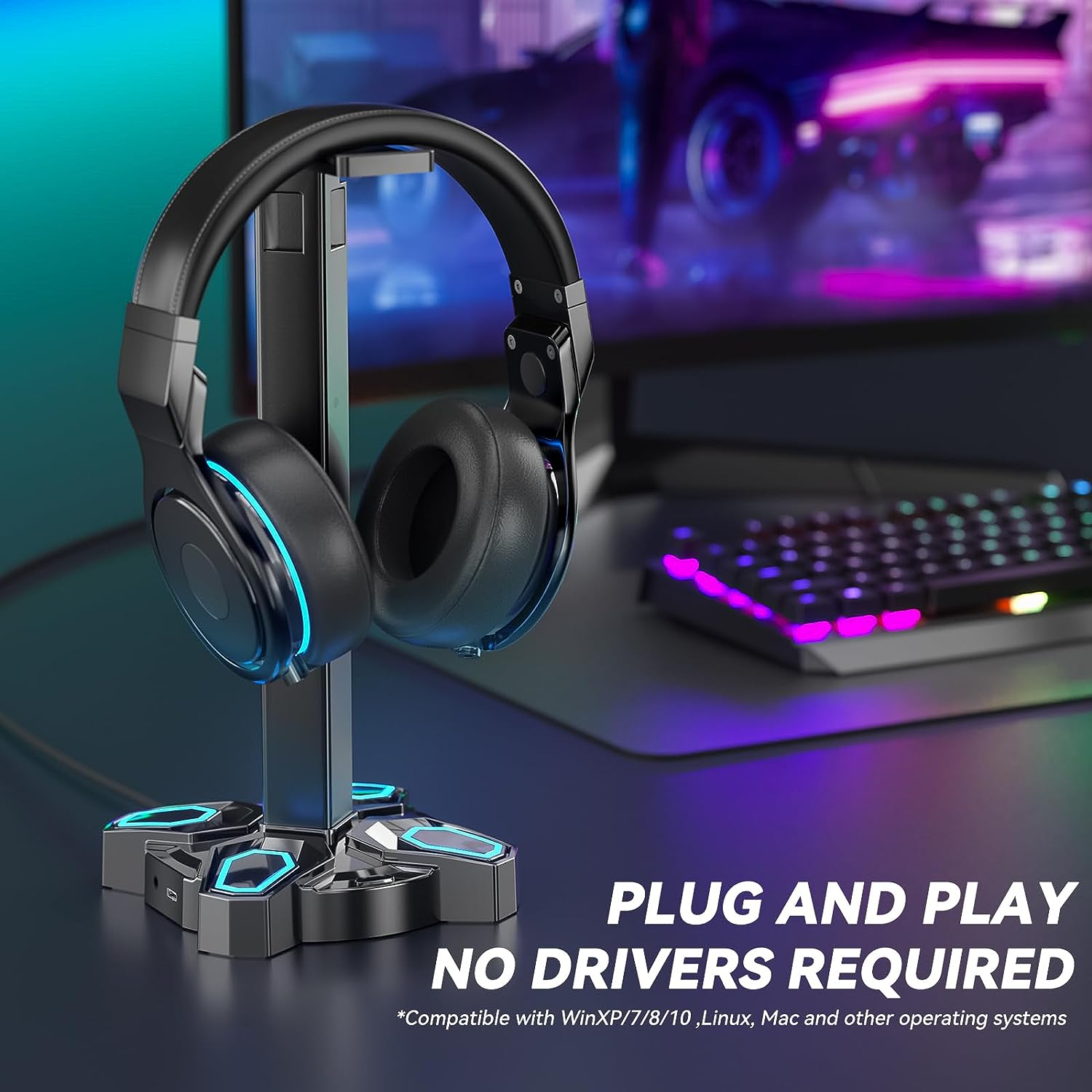 KDD Gaming Headphones Stand, Rotatable Headset Stand with 9 Light Modes - Controller Holder with 2 USB Charging Ports and 3.5Mm & Type-C Port - Earphone Hanger Accessories for Desktop Gamer(Black) image number 4