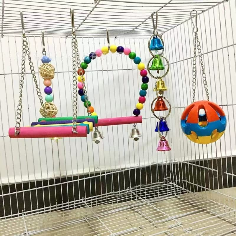 5Pc Bird Toys, Parrot Swing Set: Hanging Bells, Bell Balls, Rattan Ornaments, Wooden Ladder Swings for Cockatiels, Macaws, Finches (Random Color) image number 3