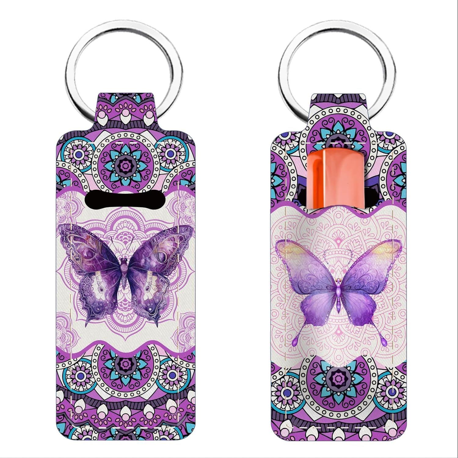 FREEBLOSS 2Pcs Chapstick Holder Keychain Lip Balm Holder Keychain Lightweight Lipstick Sleeve Pouch with Mandala and Butterfly Pattern for Women Girls 9.6X3.8Cm