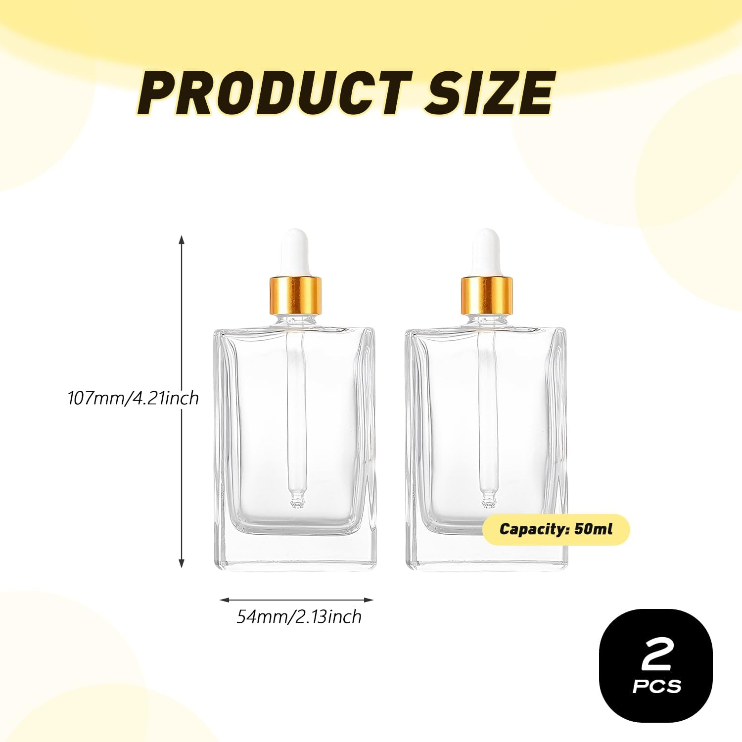 VASANA 2Pcs 50Ml/1.7Oz Empty Clear Square Glass Dropper Bottles with Gold Eye Dropper Refillable Essential Oils Bottles Perfumes Sample Vials Travel Cosmetic Container image number 2