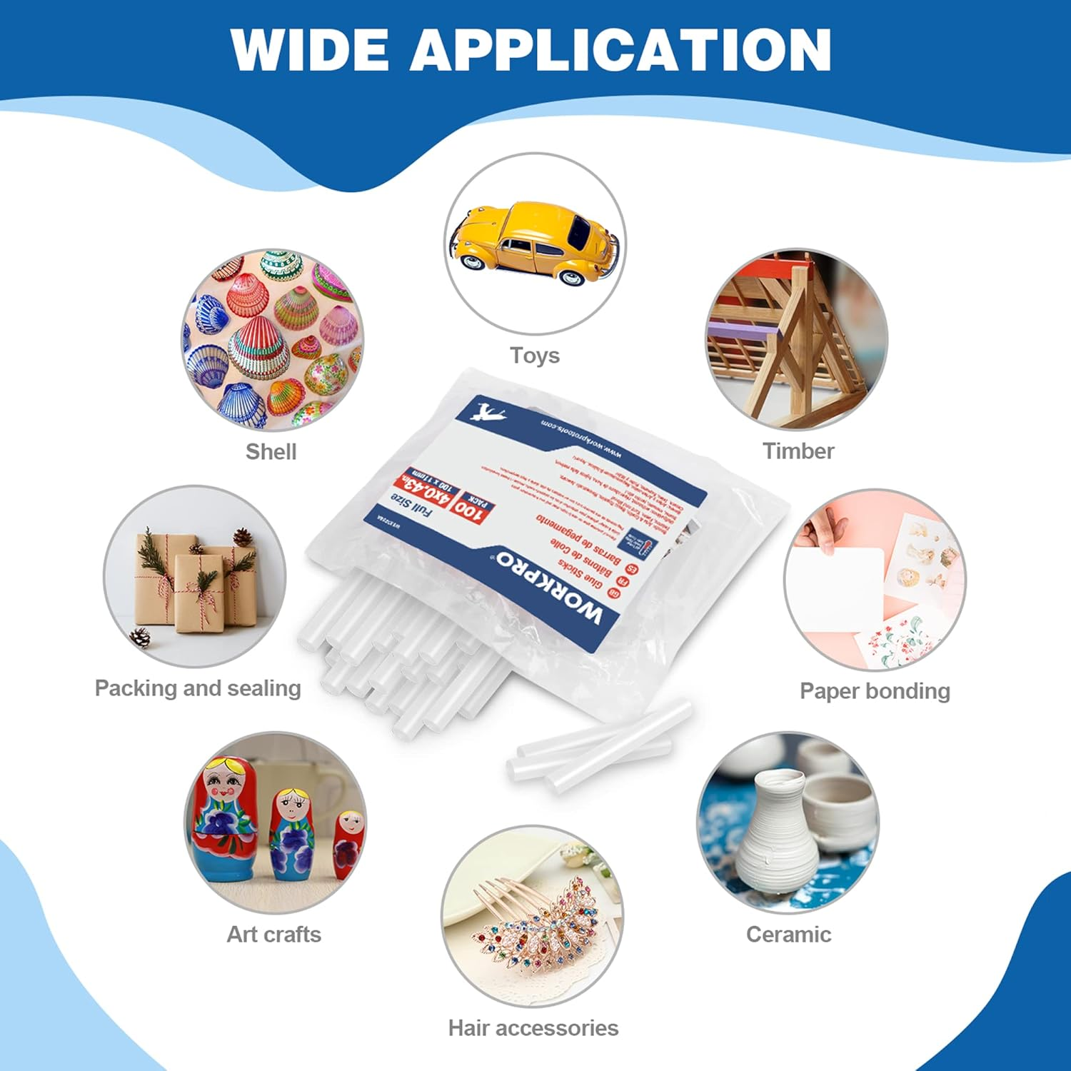 WORKPRO 100-PACK Hot Mini Glue Sticks - 1.09 &times; 10.16 Cm, Compatible with Most Glue Guns, Multipurpose for DIY Art Craft General Repairs, Home Decoration and Gluing Projects image number 1