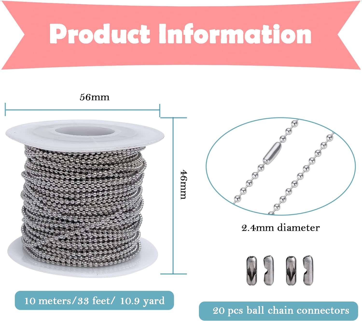 66 Feet Silver Ball Bead Chains 1.5Mm Stainless Steel Jewelry Links with 50Pcs Connectors Clasps for DIY Keychain Dog Tag Necklace Making image number 6