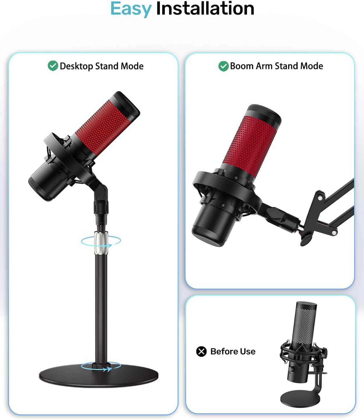 Etour [Custom Built for Hyperx Quadcast Shock Mount ] Microphone Mount Stand Mic Mount Adapter with 5/8" 3/8" 1/4" Screw Adapter with Microphone Stand & Boom Arm image number 4