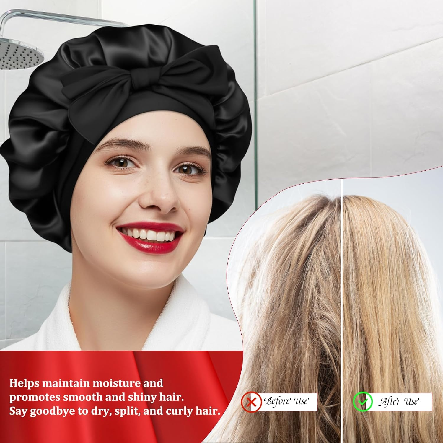 Jazrvr Silk Sleep Cap, Set of 2, Black and Red, Silk Bonnet for Hair Care, 32 X 22 Cm, Soft and Comfortable for a Good Night'S Sleep image number 4