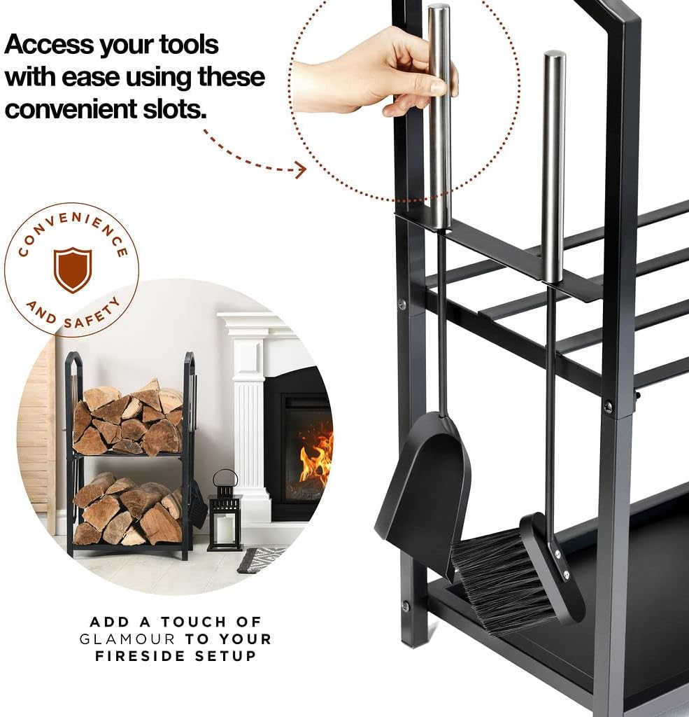 HOME IT Firewood Rack Outdoor Indoor - 2-Tier Firewood Holder with Fireplace Tools Set, Brush, Shovel, Poker, Tongs - Waterproof Steel Pipe Log Holder, Black Stove Wrought Iron - 17X12X29 image number 6