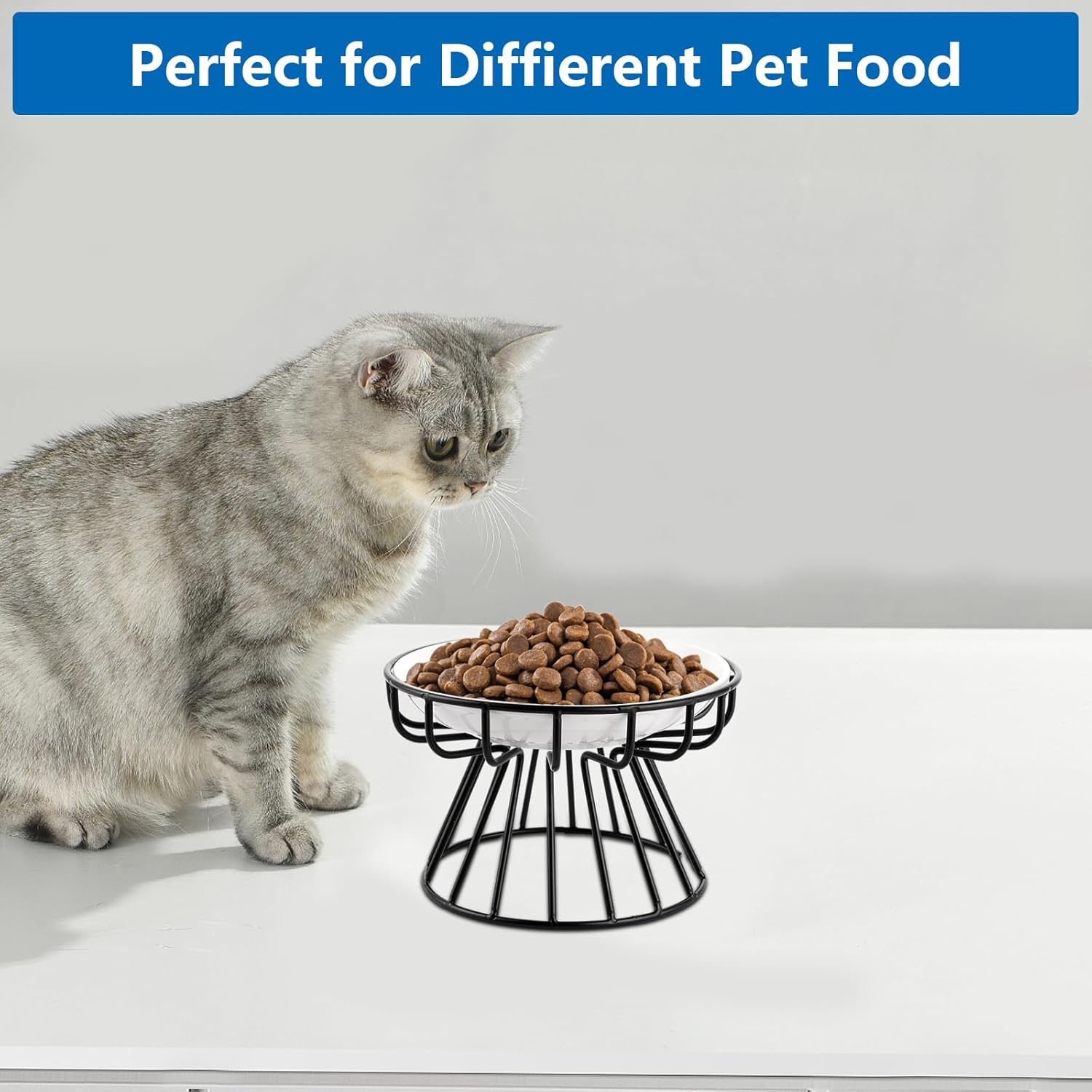 VIDETOL Set of 3 Raised Cat Bowls with Metal Stand and Non-Slip Mat, Ceramic Cat Bowls for Cats and Dogs image number 5