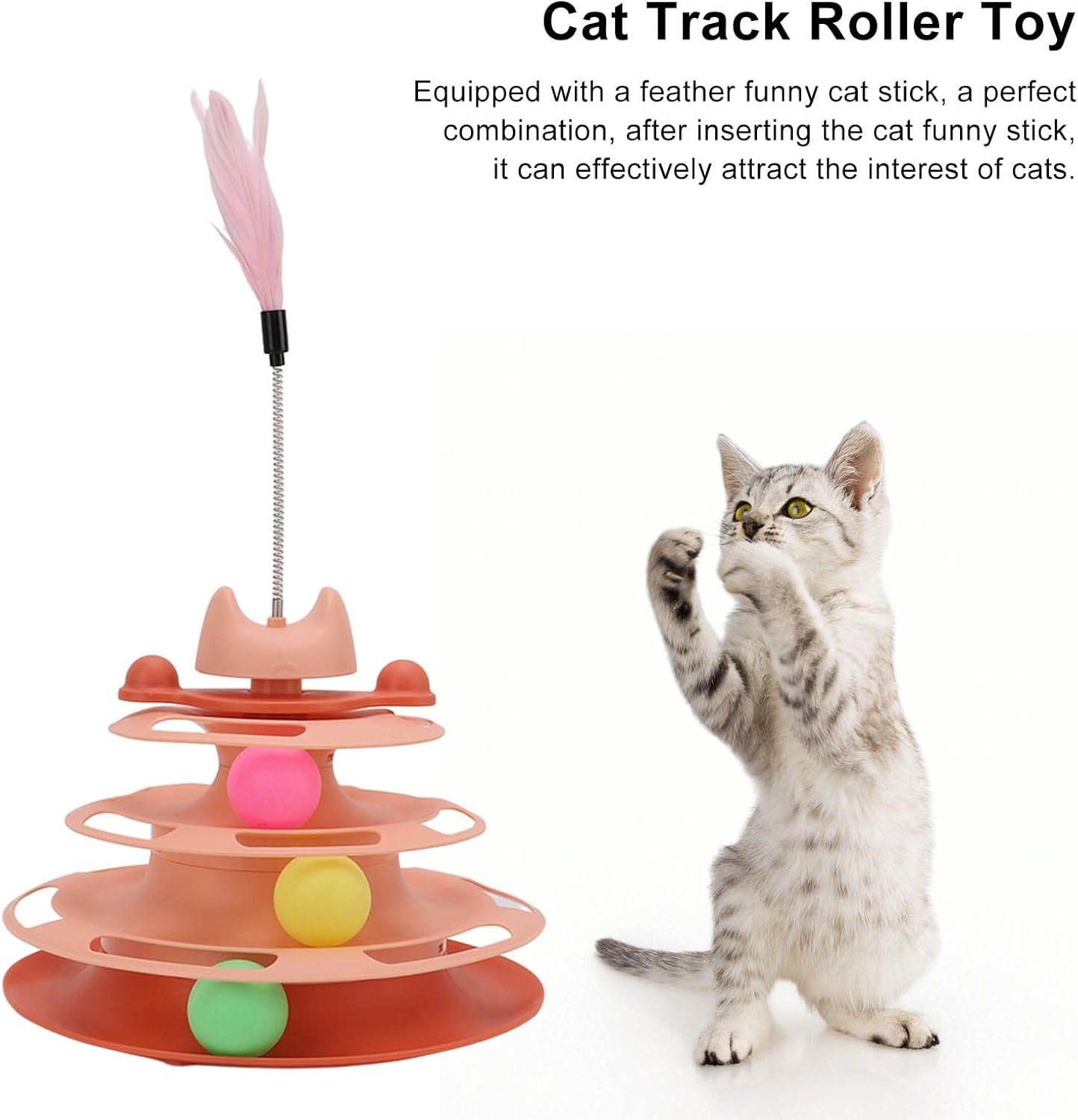 Ciciglow Cat Toy Set, Interactive Toy for Kittens, 3-Layer Towers Roller Tracks Cat Teaser Ball Toy with 3 Colourful Balls and Cat Stick, for Movement and Stimulation (Pink)
