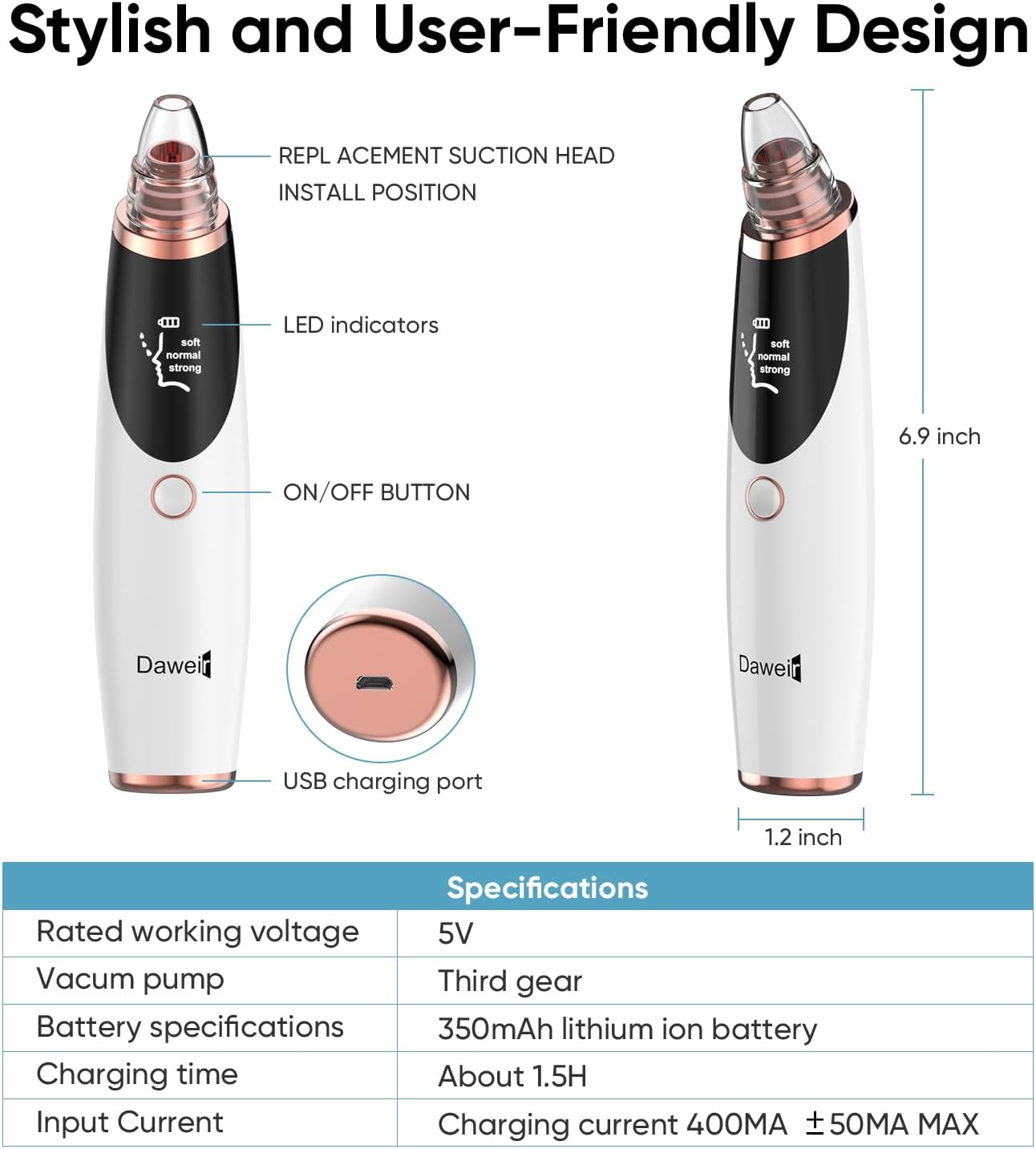 Blackhead Remover Pore Vacuum for Face & Nose &ndash; Deep Cleansing Blackhead Remover Tools with 3 Suction Levels, 5 Replaceable Tips, USB Rechargeable Pore Cleaner